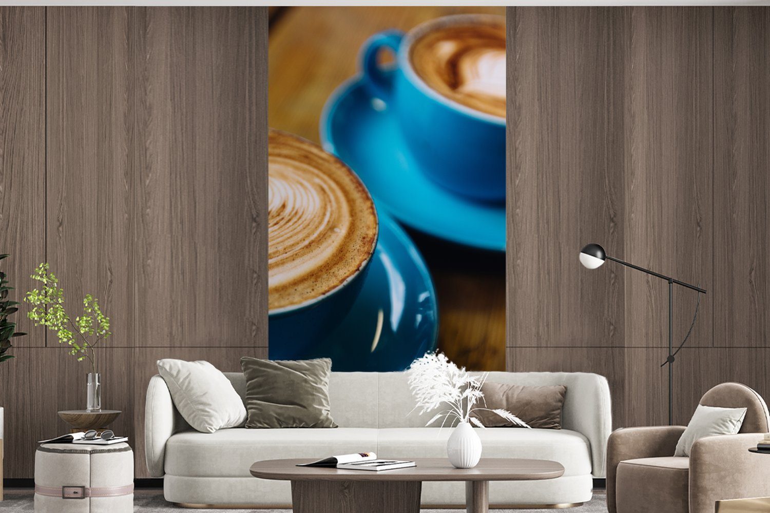 (2 Kaffeetassen blaue Matt, Wohnzimmer einem Fototapete auf St), Zwei MuchoWow Vliestapete Holztisch, bedruckt, für Schlafzimmer Küche, Fototapete