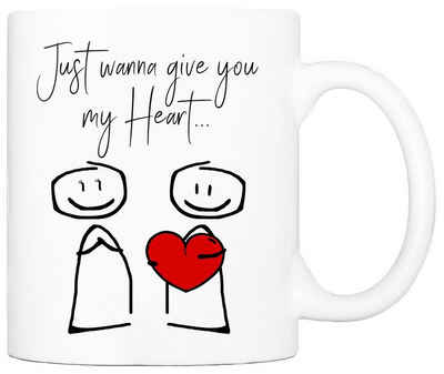 Cadouri Tasse GIVE YOU MY HEART Liebestasse, Partnertasse - Valentinstag, Keramik, Geschenk für den Partner, beidseitig bedruckt, handgefertigt, 330 ml