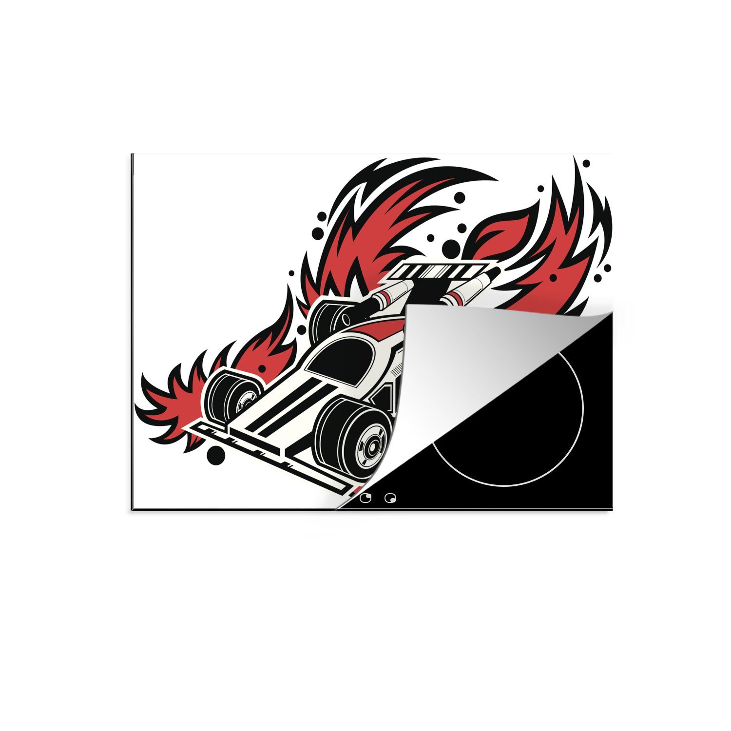 MuchoWow Herdblende-/Abdeckplatte Eine Illustration eines Formel-1-Rennwagens geht in Flammen auf, Vinyl, (1 tlg), 70x52 cm, Mobile Arbeitsfläche nutzbar, Ceranfeldabdeckung