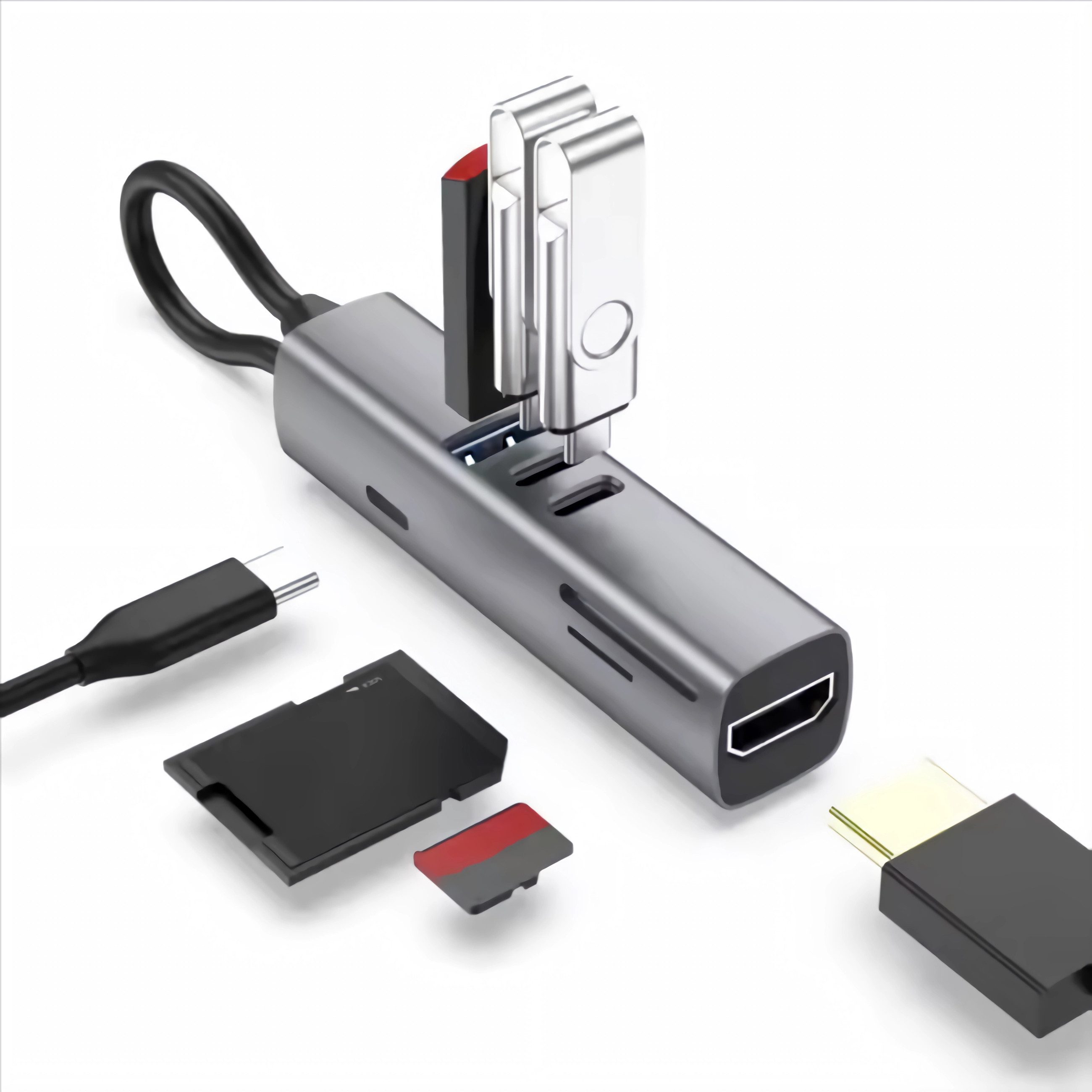 Bolwins Speicherkartenleser A92C 7in1 USB-C Hub 4K HDMI USB 3.0 SD TF PD 100W für Laptop PC, 7in1 Hub kompakt Alu 4K HDMI USB3.0 SD TF PD 100W mobil robust