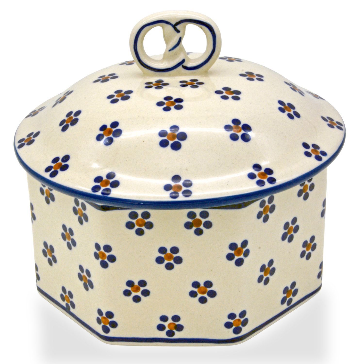 Bunzlauer Keramik Manufaktura Keksdose octagonal mit Brezel auf dem Deckel