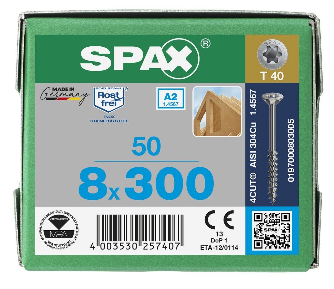 8x300 A2, 50 Spanplattenschraube SPAX (Edelstahl Edelstahlschraube, mm St),