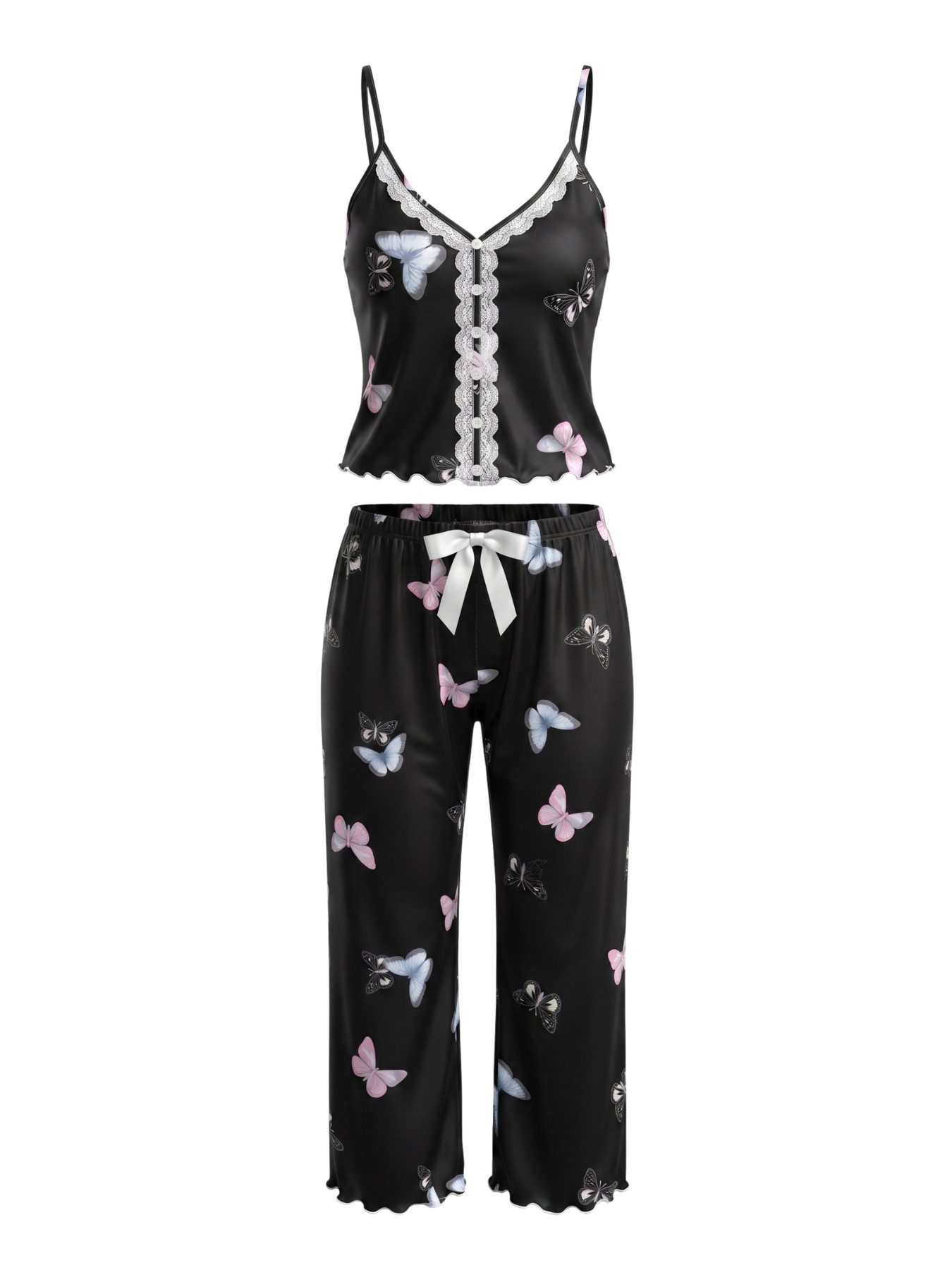 Elegant Love Pyjama Damen-Nachtwäsche Set – Elegante Loungewear mit Schmetterlingsmuster (Set, 2 tlg., Träger-Top & lange Hose) Homewear-Set mit Spitzenbesatz – – Bild 2 von 5