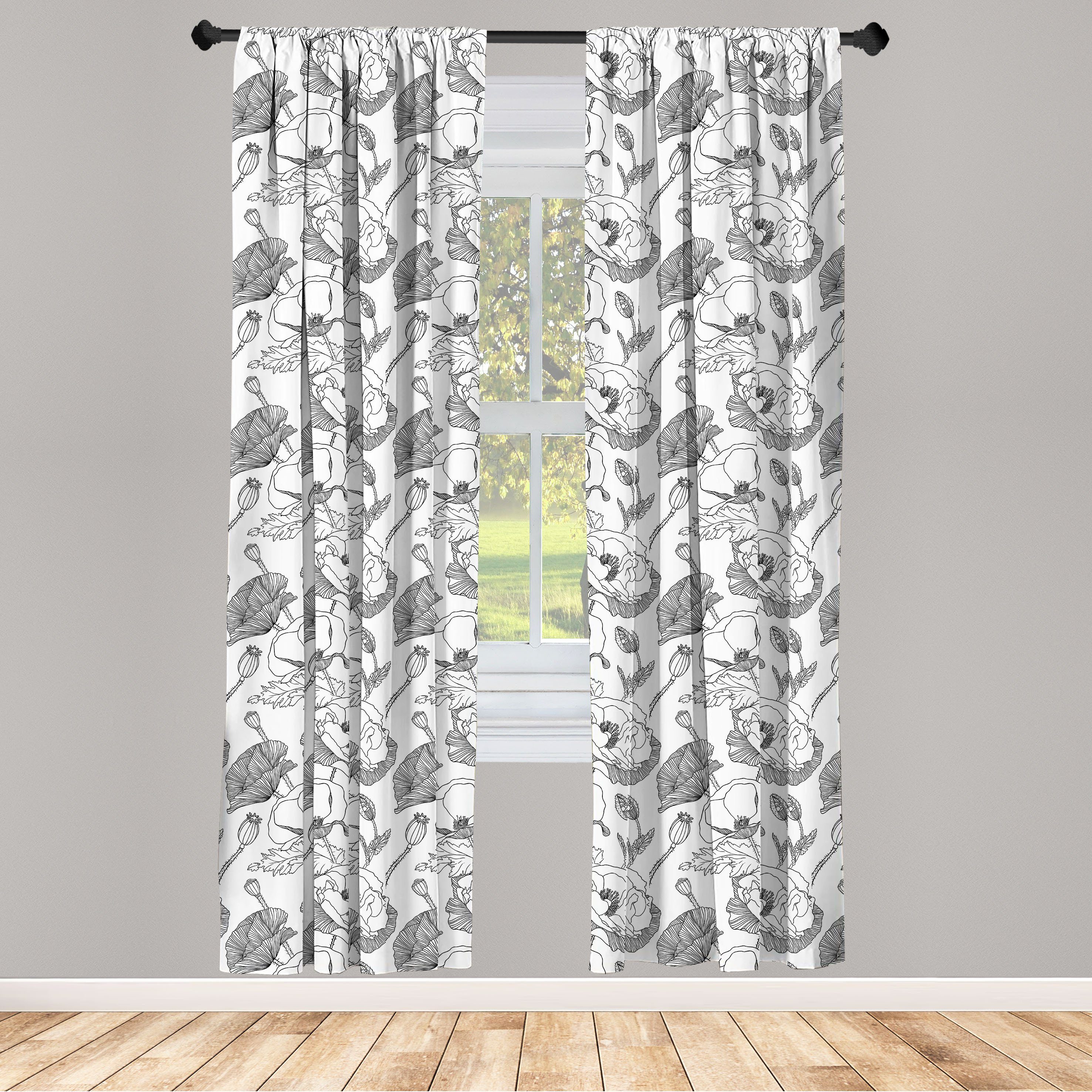 Gardine Vorhang Schwarz und Abakuhaus, weiß Mohnblumen-Blüten-Knospen für Wohnzimmer Dekor, Schlafzimmer Microfaser