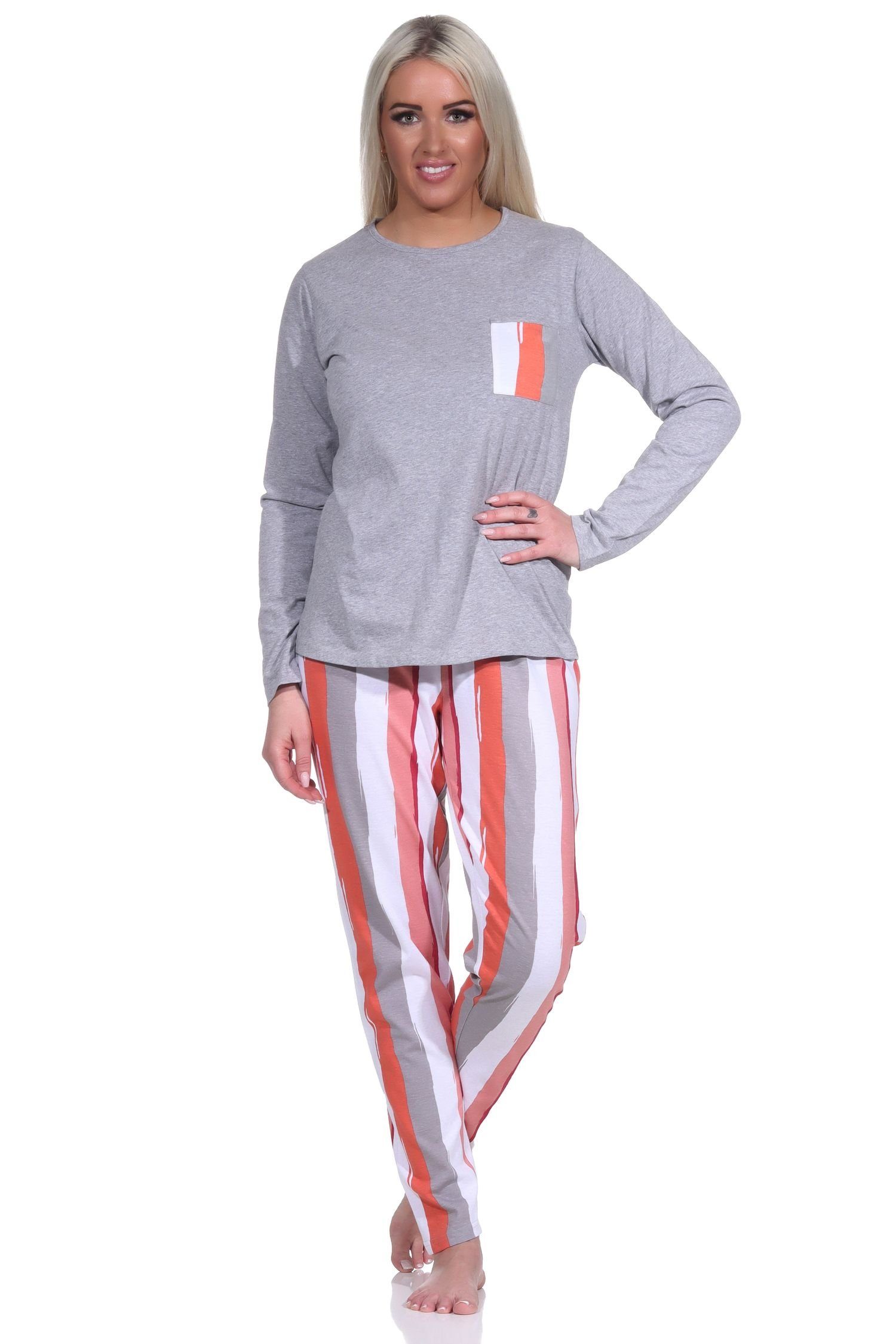 Normann Pyjama Damen Schlafanzug lang mit tollem Farbzusammenspiel-Optik grau