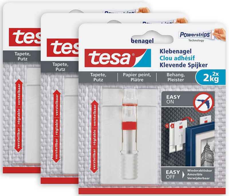 tesa Klebehaken Klebenagel mit max. 2 kg Haltekraft für Bilder - verstellbar, Dekoration, Bilder, Leinwände, (Spar-Set, 6-St., inkl. Powerstrips), Klebenagel - POWERSTRIPS Doppelseitig - Tapete & Putz - 3 x 2er Pack