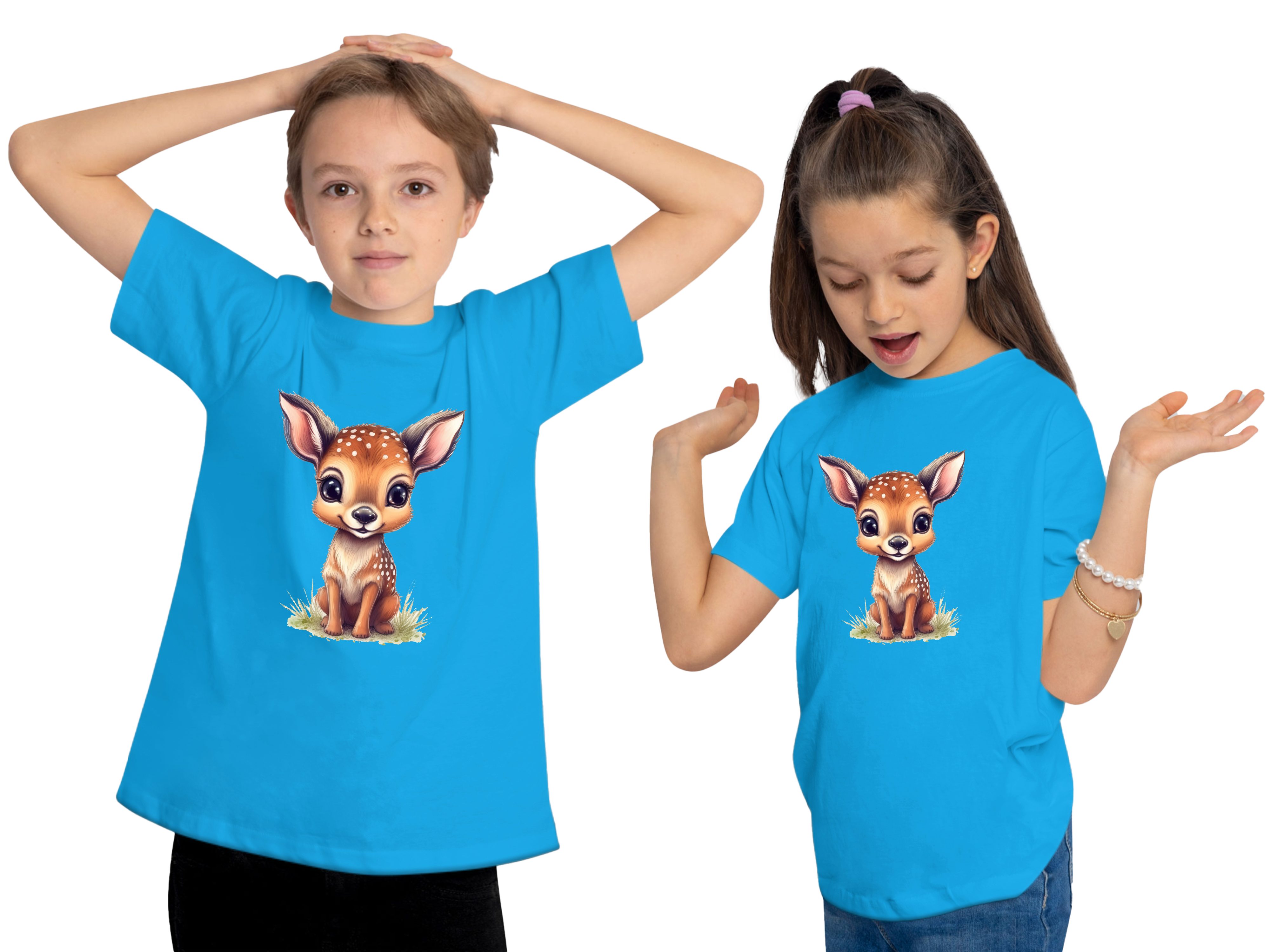 MyDesign24 T-Shirt Kinder blau - Rehkitz Shirt mit bedruckt Print Baby Wildtier aqua Reh Aufdruck, Baumwollshirt i269