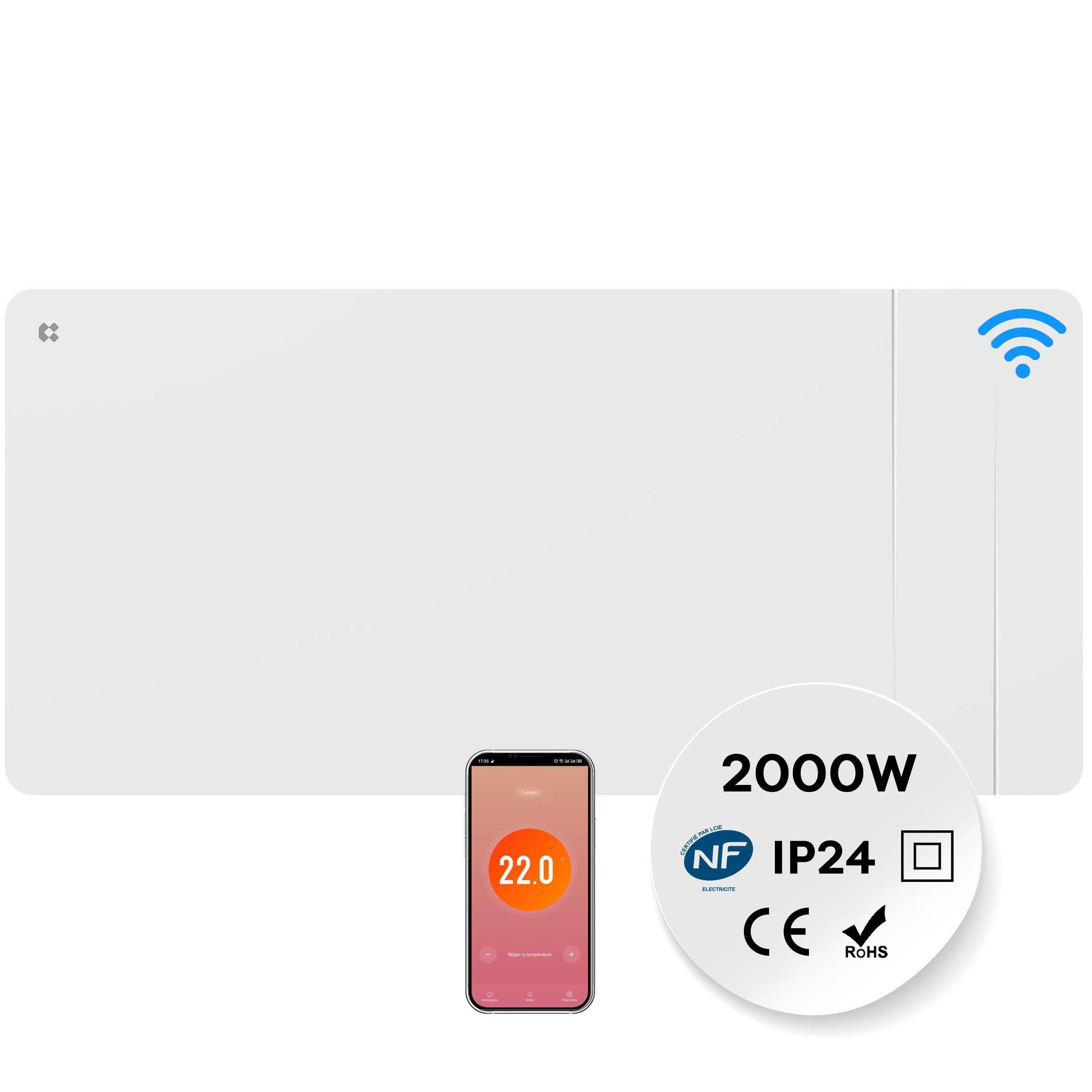 CIARRA Elektro-Heizkörper 1000–2000 W Keramik-Heizkörper+ Aluminium-Heizfolie mit WLAN, PID-Thermostat, App-Steuerung, 7-Tage-Programm, IP24, ca. 15 - 25 m²