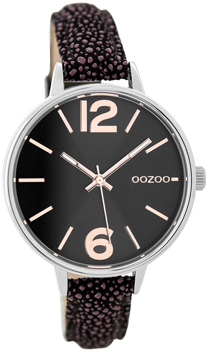 Fashion-Style mittel OOZOO Damen 38mm) Armbanduhr Damenuhr schwarz, Quarzuhr lila (ca. rund, Lederarmband, Oozoo
