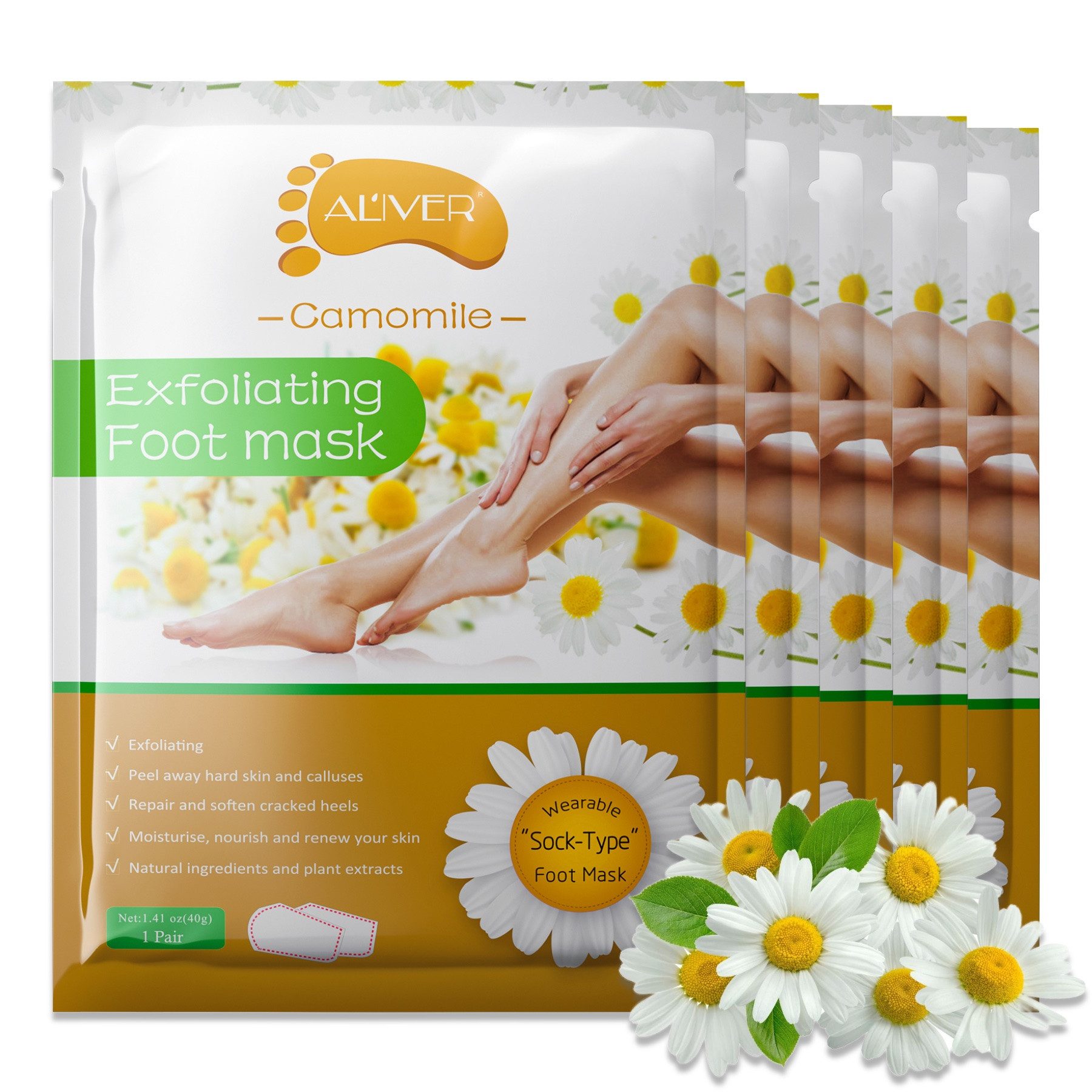 ALIVER Fußmaske Fusspeeling Fußpflege Anti Hornhaut Socken Hornhautentferner Kamille, 5-tlg.