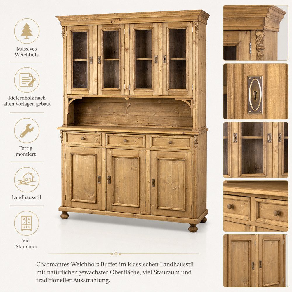 Wohnpalast Buffet Buffetschrank Landhaus gewachst 160 cm aus massivem Weichholz Vitrinen