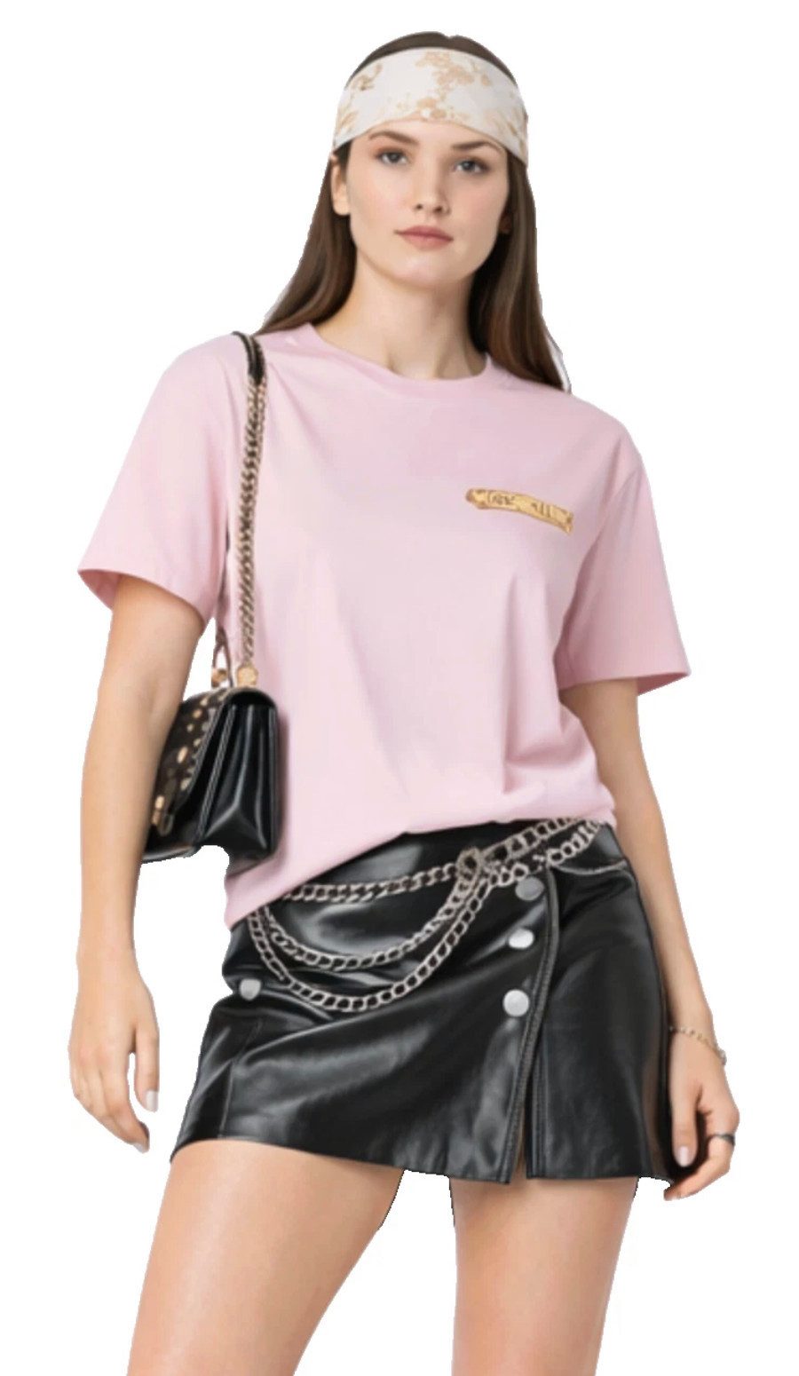 Moschino T-Shirt COUTURE Damen Metal Gold Logo Regular Fit Goldene Metall-Logo-Applikation auf der Brust