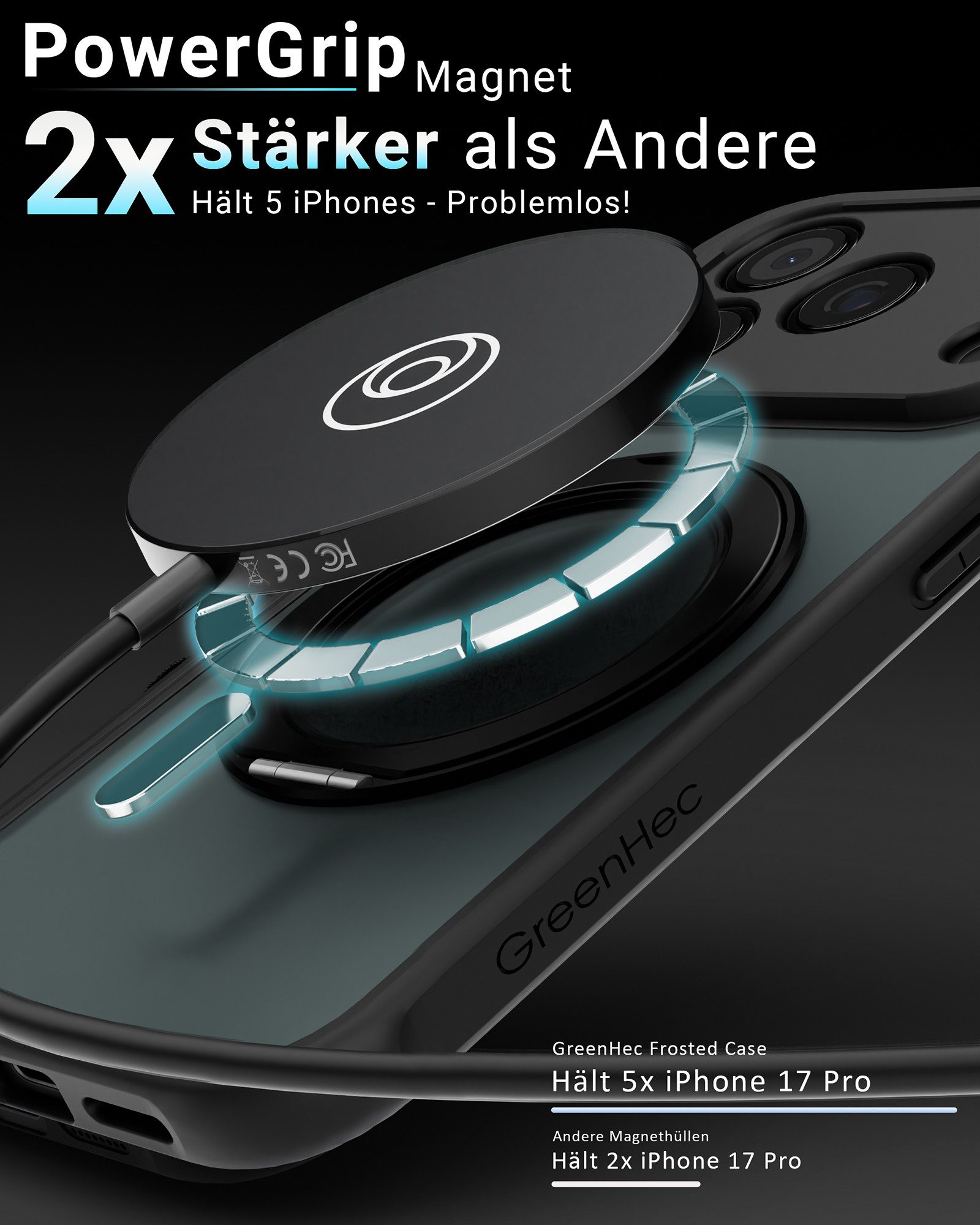 GreenHec Handyhülle Hülle iPhone 18 17 16 15 14 13 12 Pro Max Air 16e 17e MagSafe Magnet 7 Zoll, Ständer Magnetring Schwarzes Cover Schutzhülle Kameraschutz Han – Bild 4 von 5