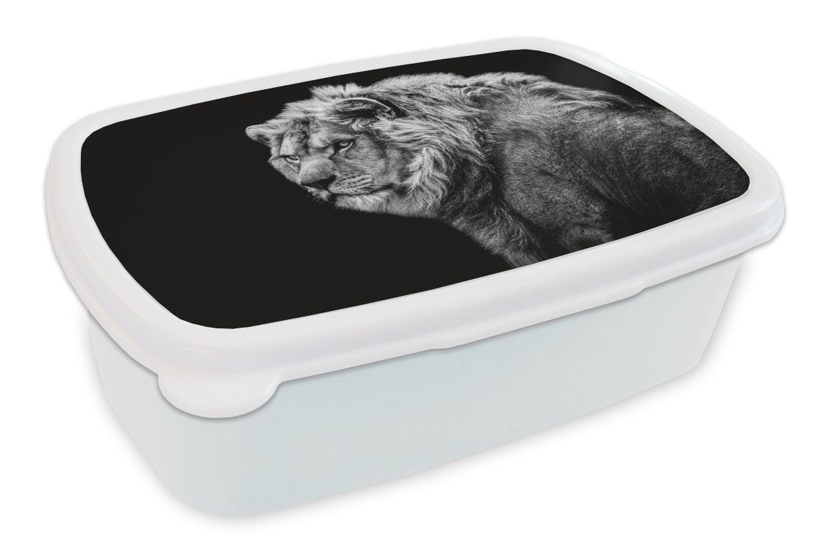 MuchoWow Lunchbox Löwe - Porträt - Wildtiere - Schwarz - Weiß, Kunststoff, (2-tlg), Brotbox für Kinder und Erwachsene, Brotdose, für Jungs und Mädchen