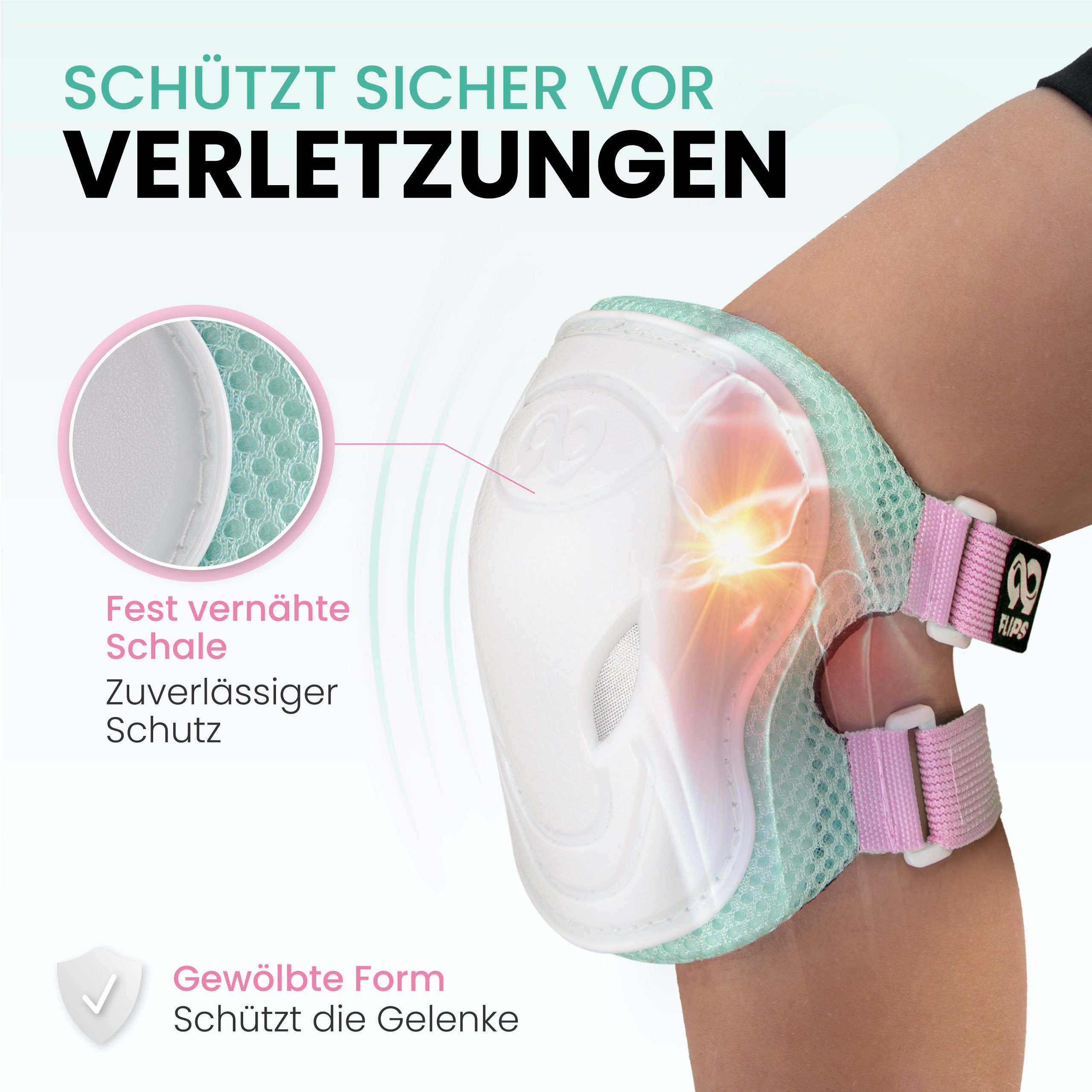 99FLIPS Protektoren-Set Inliner Schoner Kinder Protektoren Schützer Set mit Knieschoner (Skateboard Schutzausrüstung Geschenke für Kinder, 6-tlg., Knieschützer  – Bild 3 von 5