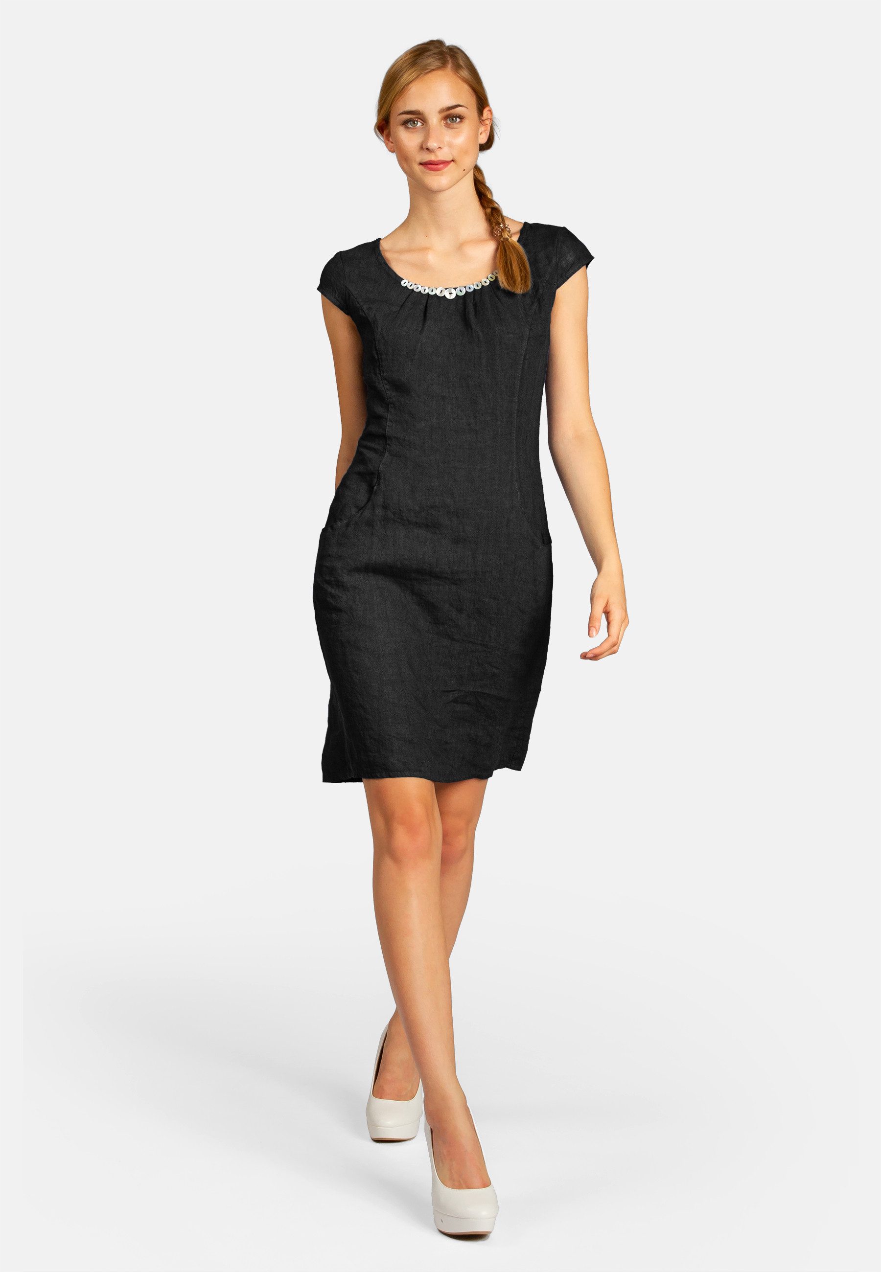 Caspar Sommerkleid SKL018 knielanges Damen Sommer Leinenkleid mit Perlmutt Knöpfe Dekor figurumspielender Schnitt, luftig leicht, angenehm kühlend