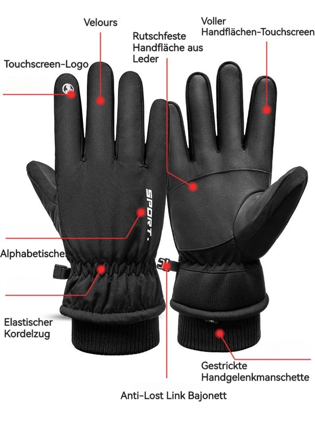 DÖRÖY Skihandschuhe Winddichte mitTouchscreen,unisex Schwarz Handschuhe Winter-Skihandschuhe,warme