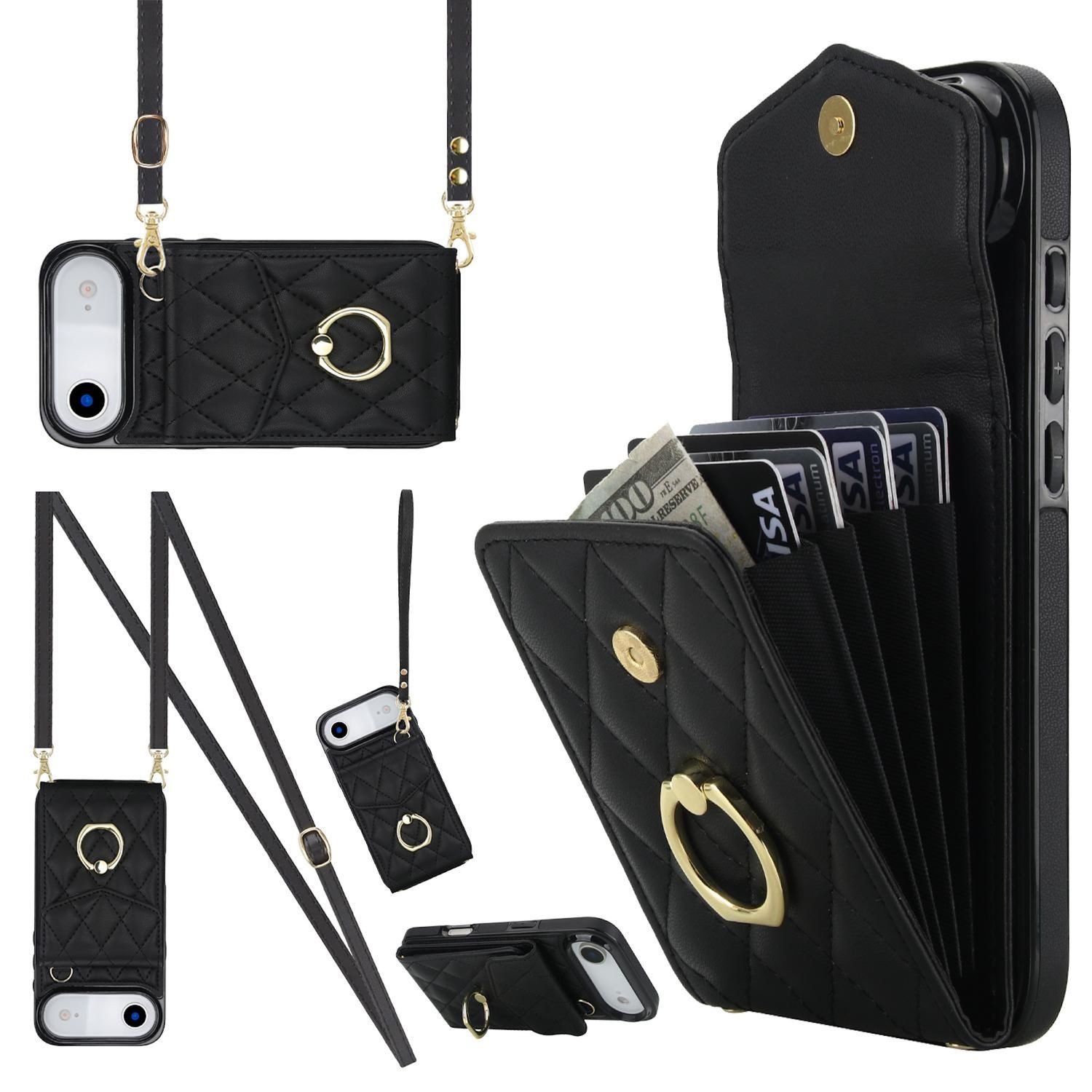 Wigento Handyhülle Für Apple iPhone 17 Air Crossbody Kunstleder Rhombic Hülle Schwarz, Mit Kartenfächern, RFID-Schutz, Gurt