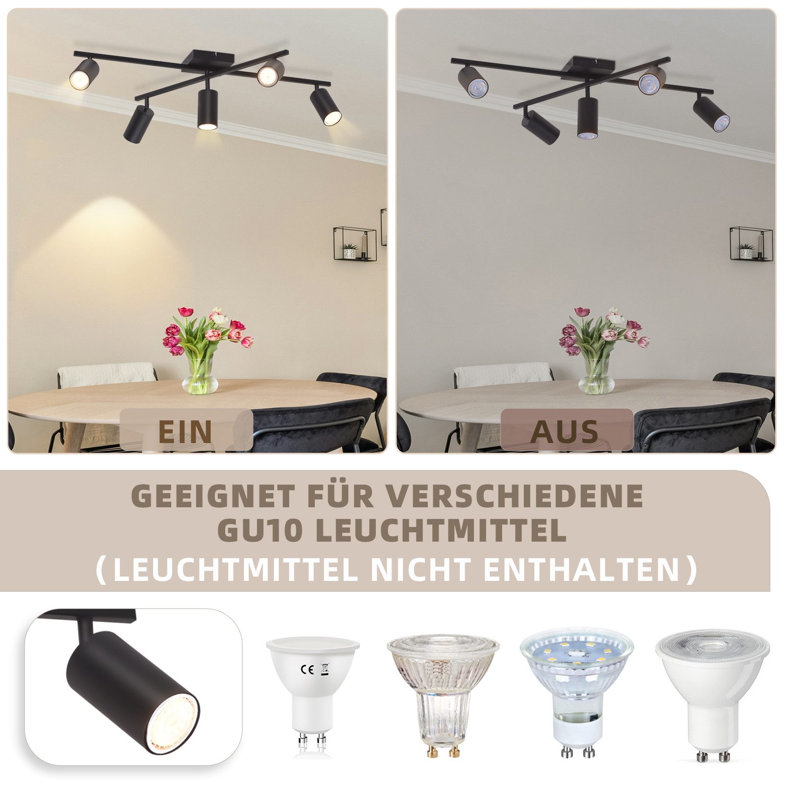 ZMH Deckenstrahler 5 Flammig Schwarz/Weiß GU10 Spots Deckenlampe für Schlafzimmer, Einfache Installation, ohne Leuchtmittel, Wohnzimmerlampe 350° Schwenkbar Modern Strahler