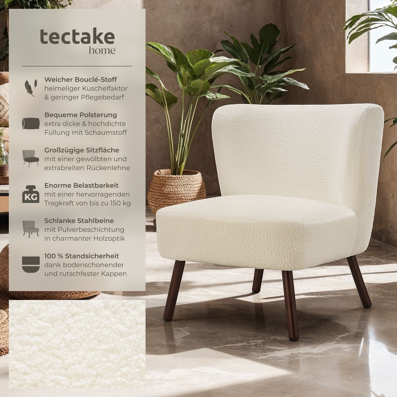 tectake Relaxsessel gepolsterter Teddy-Cocktailsessel, Belastbarkeit 150 kg, 61 x 68 x (Fernsehsessel Robina 2, in Bouclé off-white), mit Bouclé-Bezug, runde Stahlbeine in Holzoptik, bodenschonend