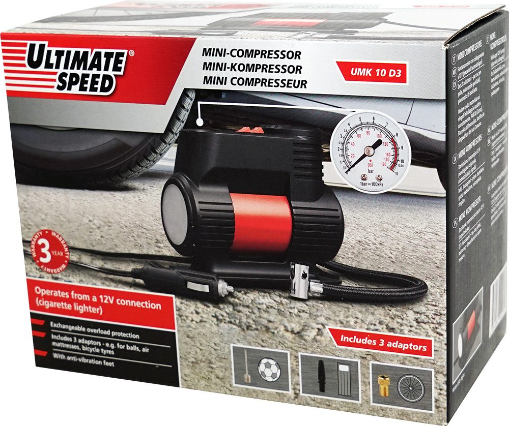 Ultimate Speed Kompressor Mini 12V Luft UMK 10 für Auto Fahrrad Boot Kfz, max. 10,3 bar
