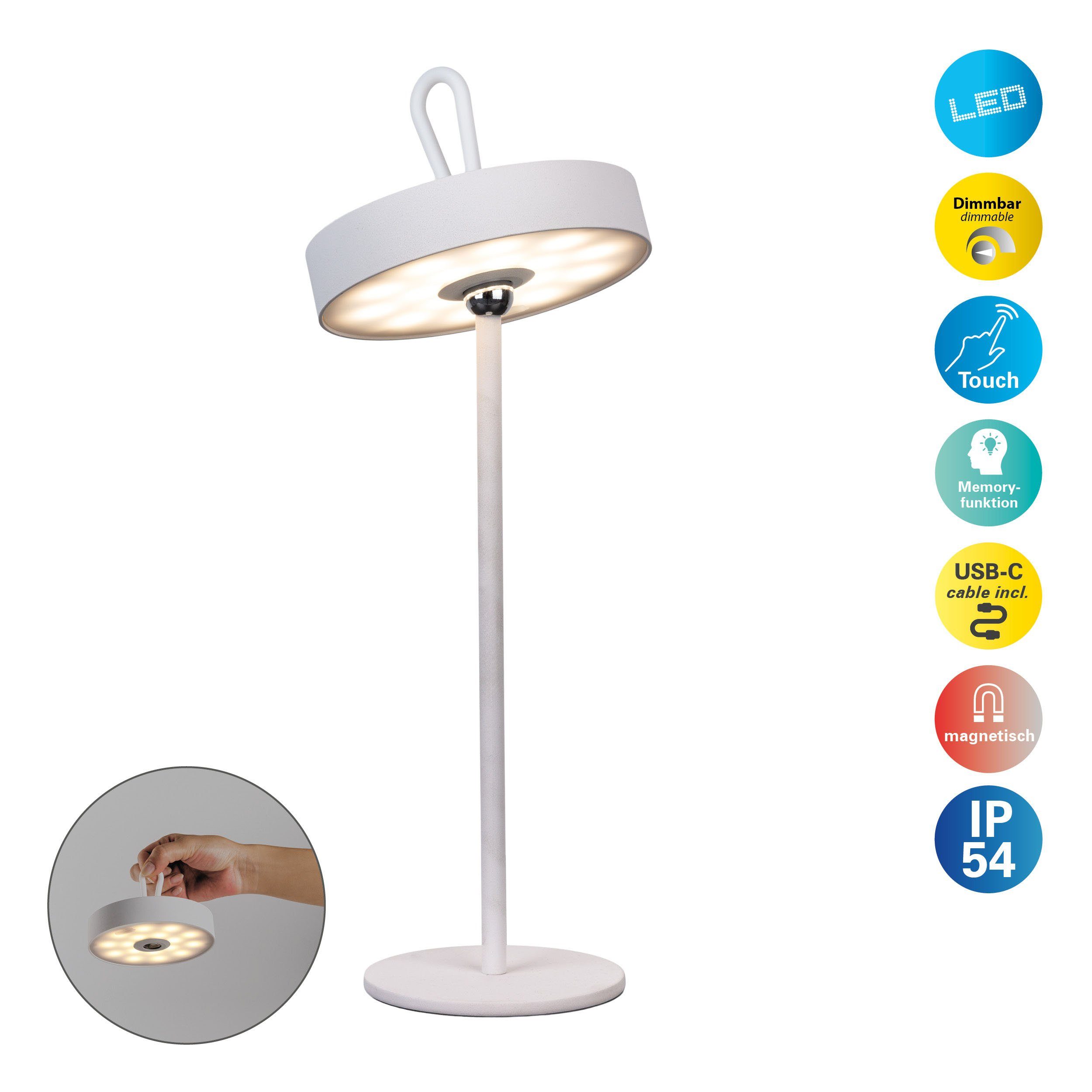 näve Außen-Tischleuchte ELLA, Memoryfunktion, LED fest integriert, Warmweiß, Dimmbar; Schirm magnetisch und leuchtend abnehmbar; Memoryfunktion