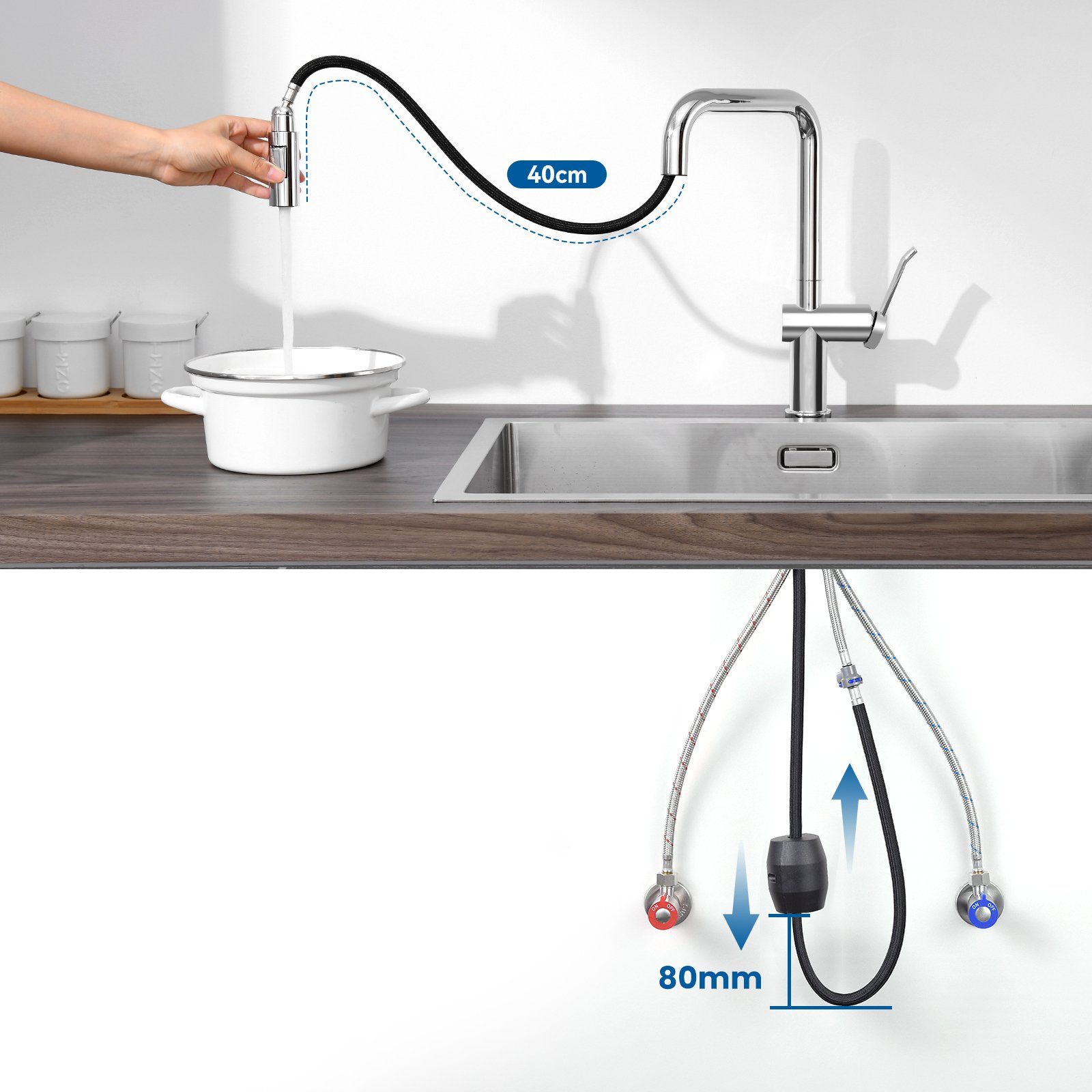 Auralum Küchenarmatur 360°Drehbar Ausziehbar Küchenarmatur Silber Brause Wasserhahn 2 Edelstahl
