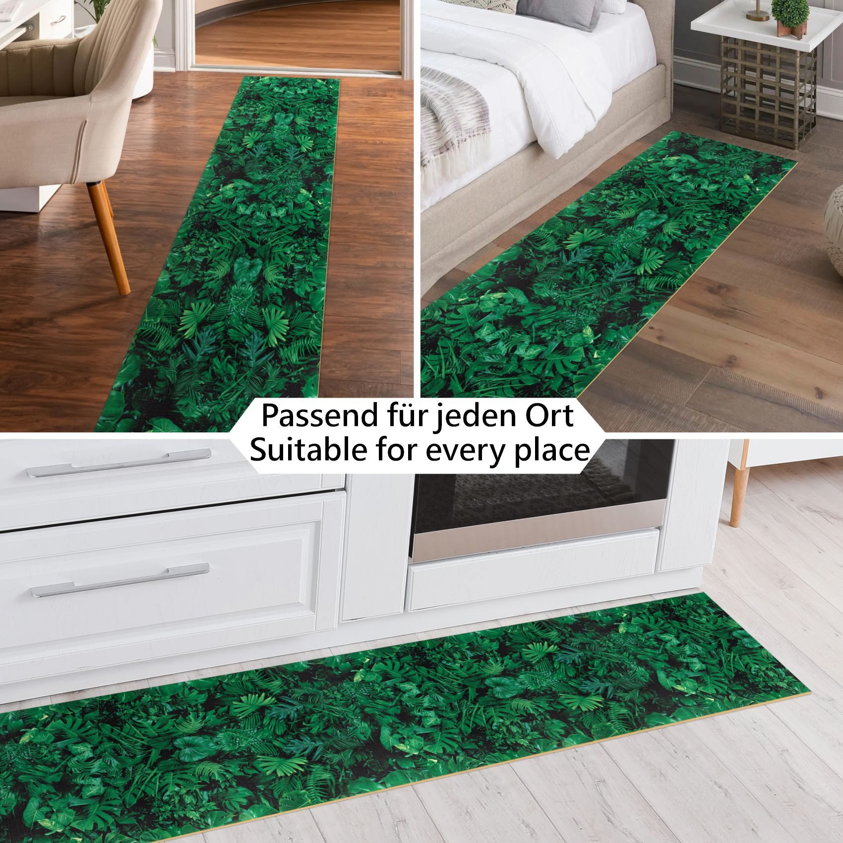 ANRO Küchenläufer ATLANTA Läufer Flurläufer Teppichläufer, Eckig, Bodenläufer 100x48cm Palmenblätter Grün pflegeleicht