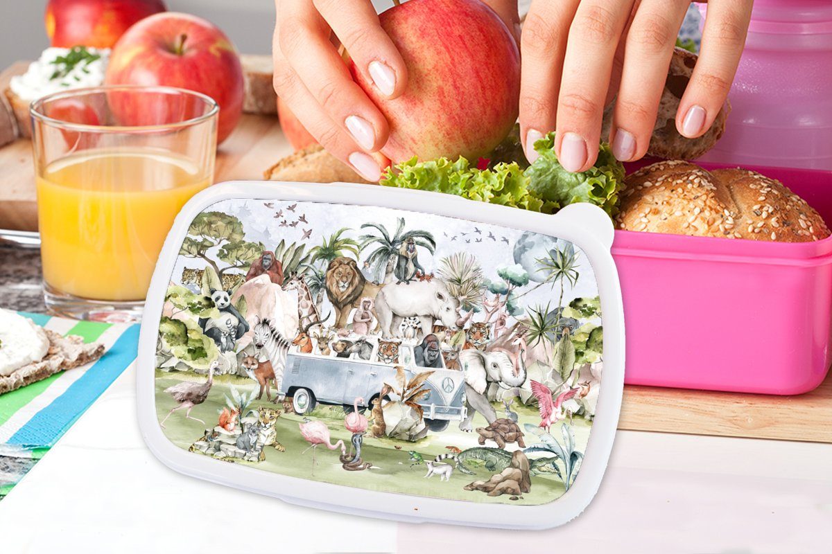 Kinder, Tiere MuchoWow - - (2-tlg), Brotdose Brotbox Pflanzen, Kinder Snackbox, Kunststoff, - Erwachsene, rosa Dschungel - Bus Kunststoff Lunchbox für Mädchen,