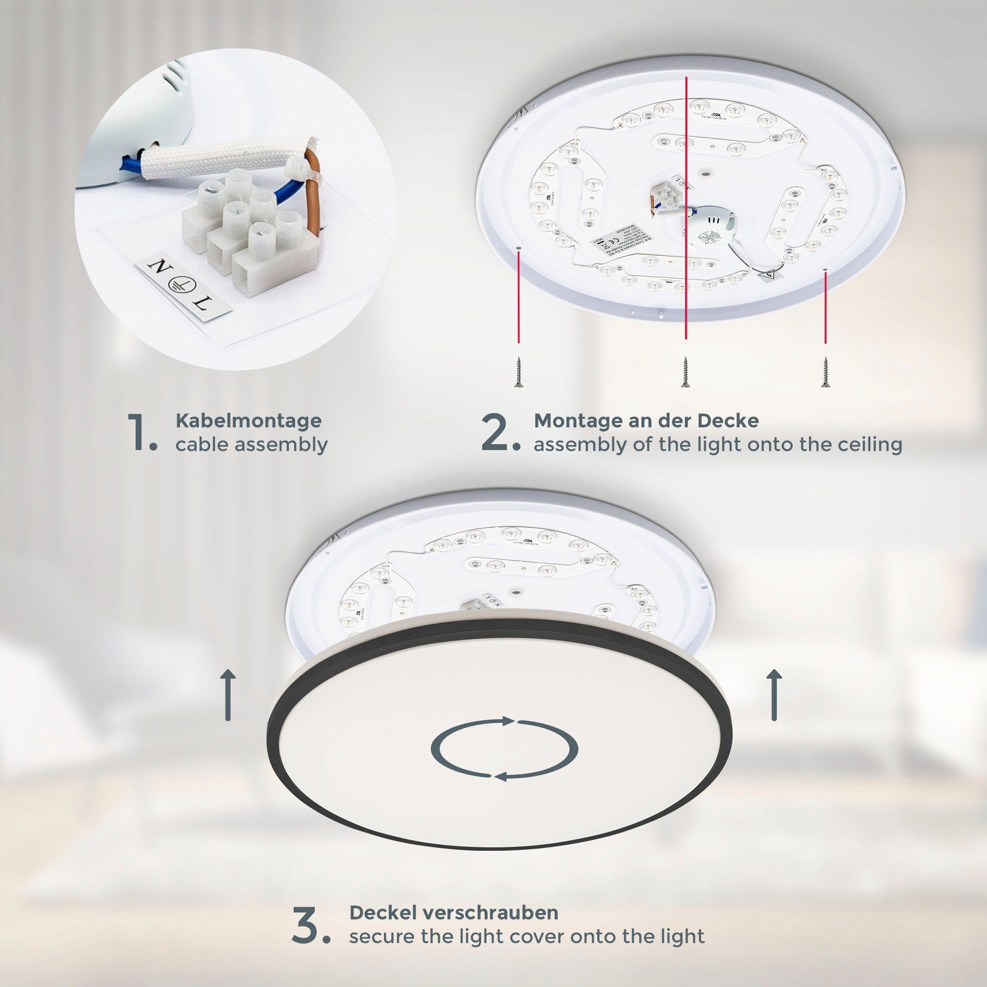 fest 24W, LED Licht, integriert, Deckenlampe, Wohnzimmerlampe BK_DL1536 Neutralweiß, Licht, Schwarz, neutralweißes Deckenleuchte 3.000Lm, Ø38cm, Backlight, LED B.K.Licht Indirektes 4.000K,