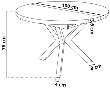 WFL GROUP Esstisch Allie, Runder Ausziehbarer Tisch im Loft-Stil mit schwarzen Metallbeinen