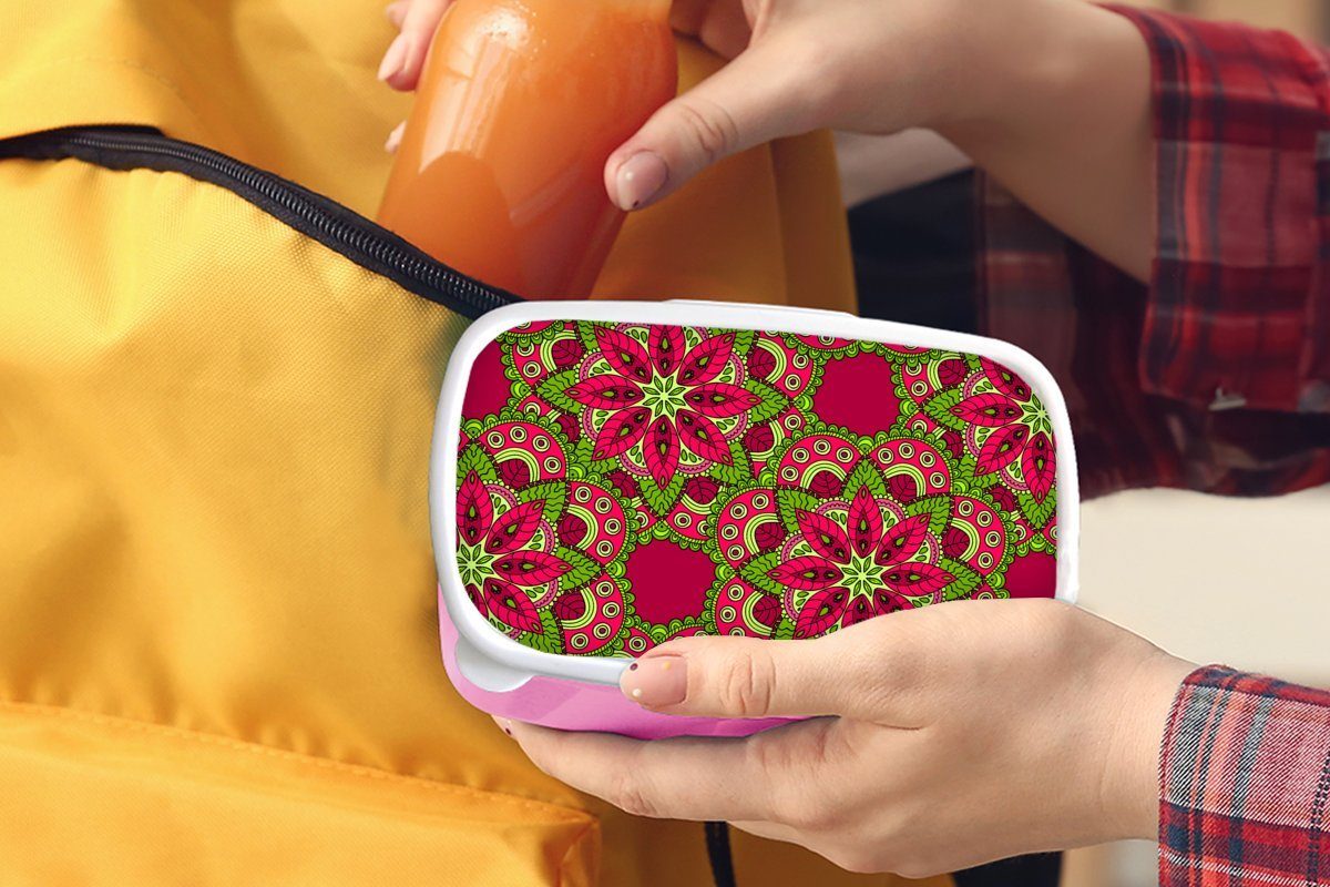 MuchoWow Entwurf, Lunchbox Mandala Snackbox, Kunststoff rosa für Hippie (2-tlg), - Brotbox Mädchen, - Erwachsene, - Kunststoff, Blumen Kinder, Brotdose