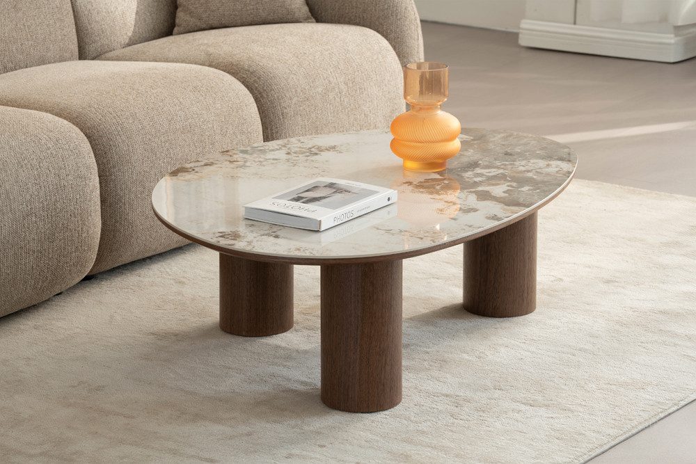 riess-ambiente Couchtisch ORGANIKO 110cm weiß braun - Walnuss, Keramik, Pandora, Echtholzfurnier (Einzelartikel, 1-St), Skulpturaler Beistelltisch - ideal f. Wohnzimmer oder Fernsehecke