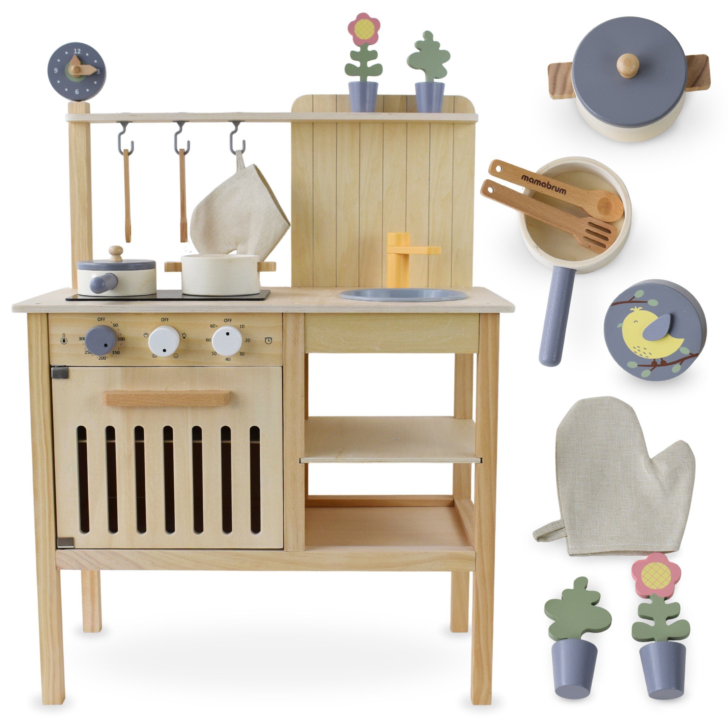 Mamabrum Kinder-Küchenset Spielküche mit Zubehör und Utensilien aus Holz