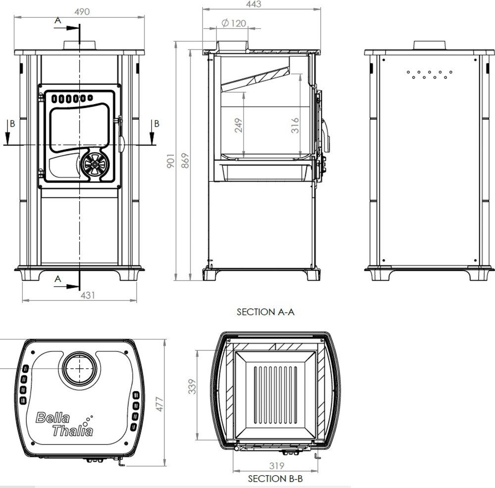 TRGO Kaminofen EEK A+ Bella bordeaux mit Herdplatte, 5,40 kW, Korpus aus Gusseisen, Verkleidung aus Stahl