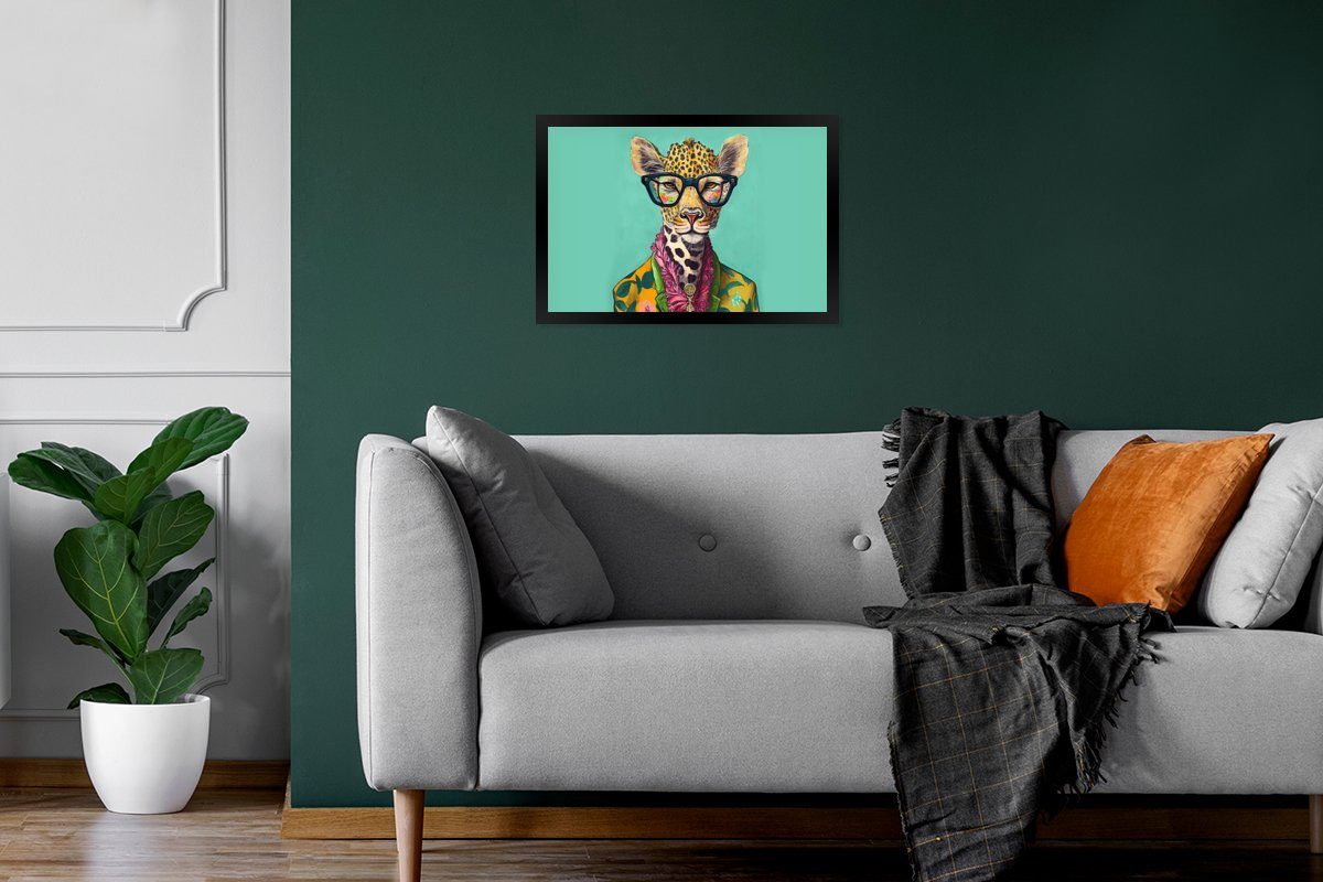 Blätter Gerahmtes Giraffe Wanddeko, Poster St), Bilder, - - Wandposter, Design, MuchoWow - Schwarzem Tiere - Bilderrahmen Brille Poster, (1