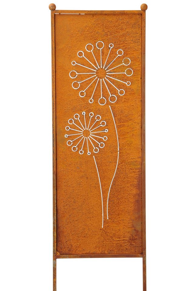 finehomegarden Gartenstecker Stele Metall Pusteblume Sichtschutz Edelrost Windschutz Outdoor H165cm B52cm Dekowand Garten / Paket-Sperrgut