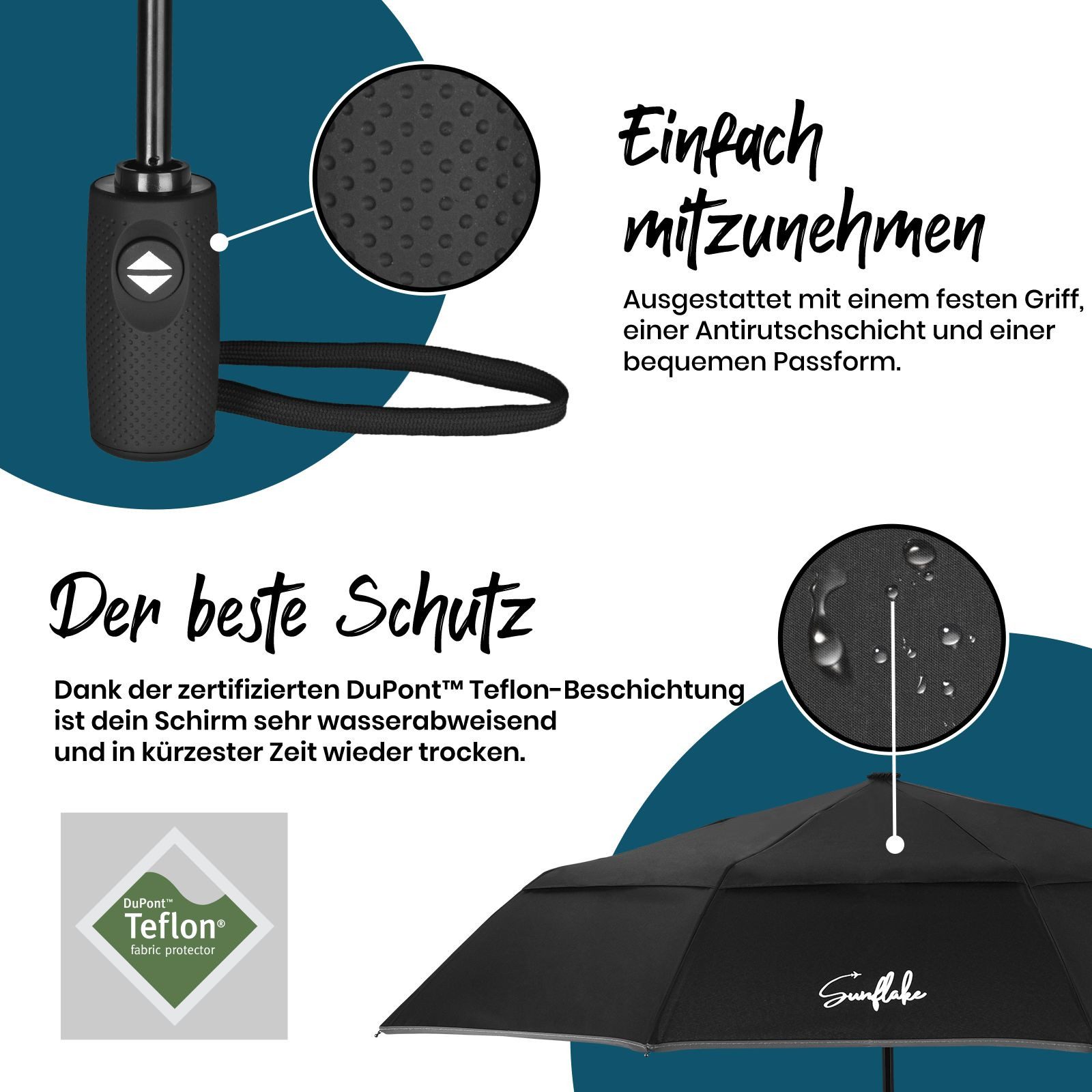 Sunflake Taschenregenschirm Faltbar & Sturmfest - Kompakt mit Doppeltem Dach - Automatik Öffnung