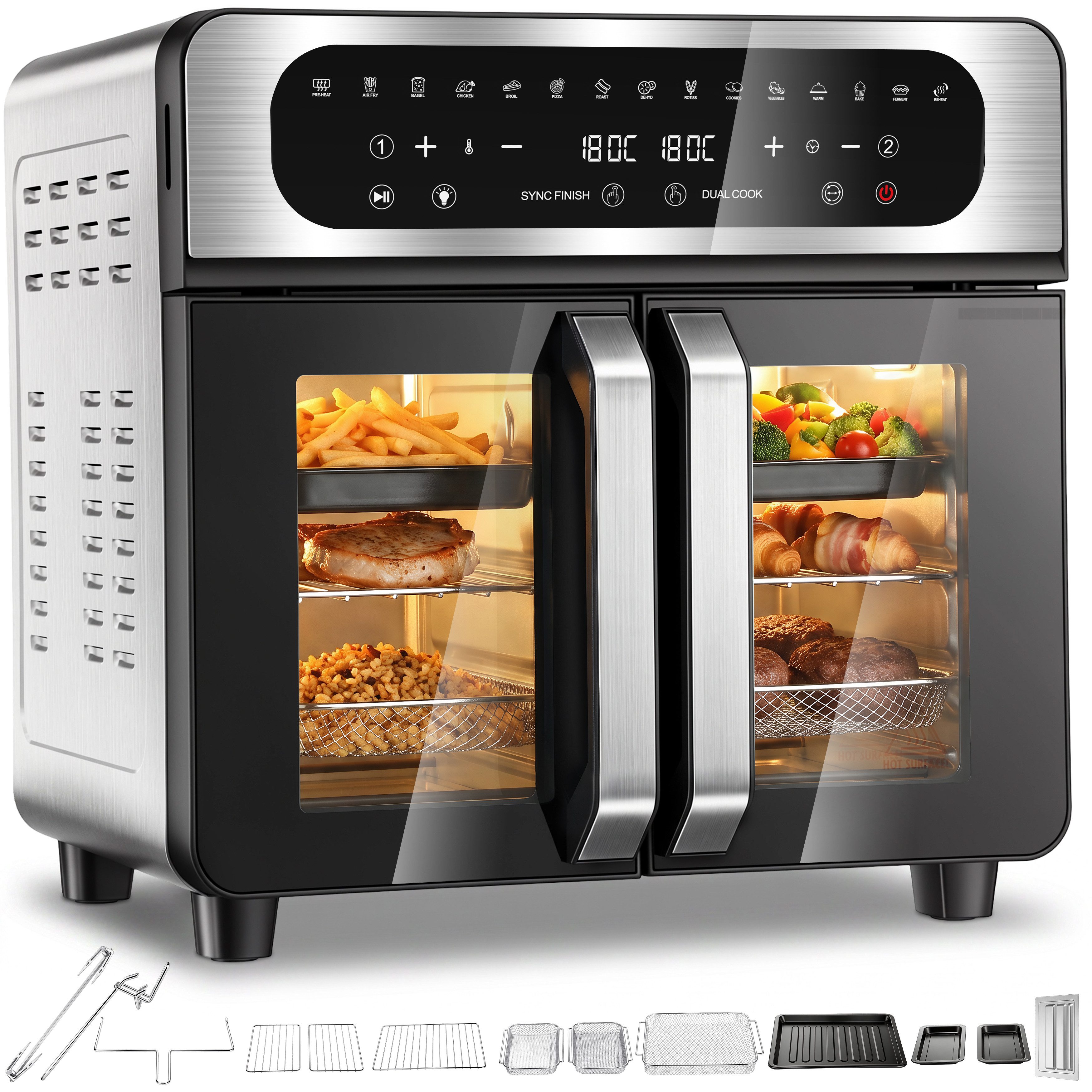 oyajia Heißluftfritteuse XXL Backofen mit Französischen Türen, Air Fryer Dual Zone mit Smart-Touch, Sync Finish, 15 Programme, Inkl. 13 Zubehörteile, Metallgehäuse, 2700,00 W