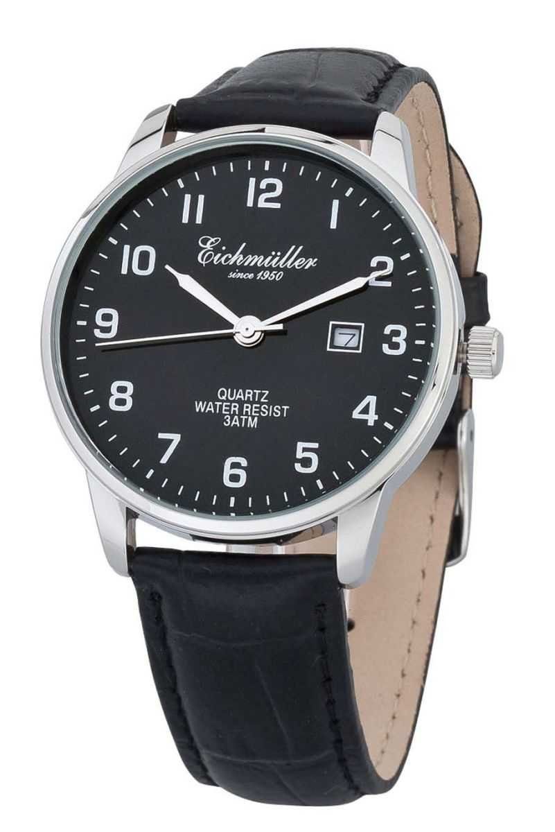 Eichmüller Quarzuhr Herrenuhr schwarz, elegantes Lederarmband, Metallgehäuse, 40 mm 7030-04