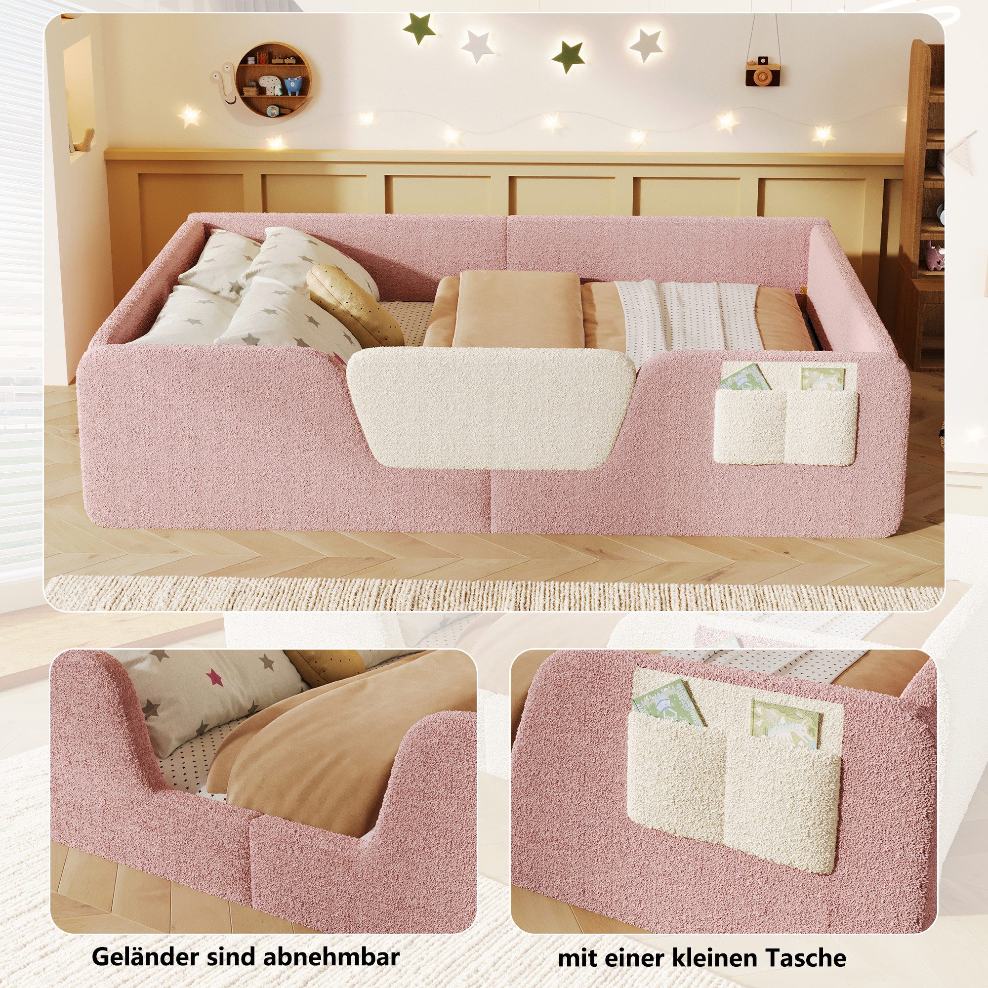 Merax Polsterbett 140x190cm mit abnehmbarer Sicherheitsleiste (Jugendbett Babybett Einzelbett, 1-tlg), Bodenbett Kinderbett mit Aufbewahrungstasche & Lattenrost – Bild 5 von 5