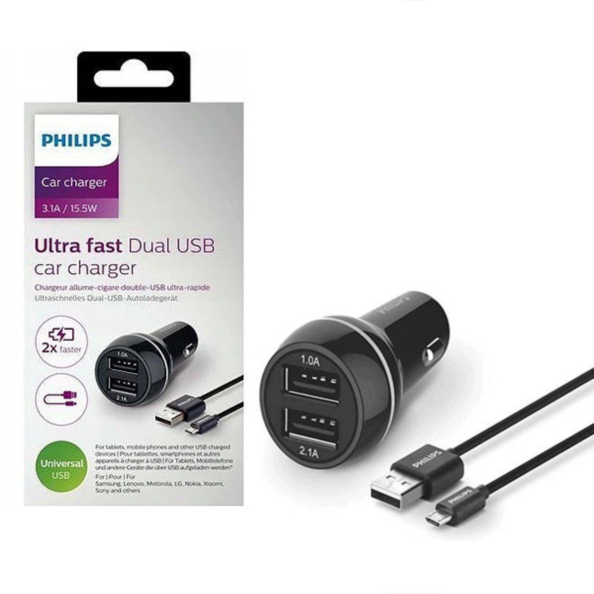 Philips Philips Auto-Ladegerät + Kabel 3,1A 15,5W Quick Charge QC3.0 Schwarz Verlängerungskabel