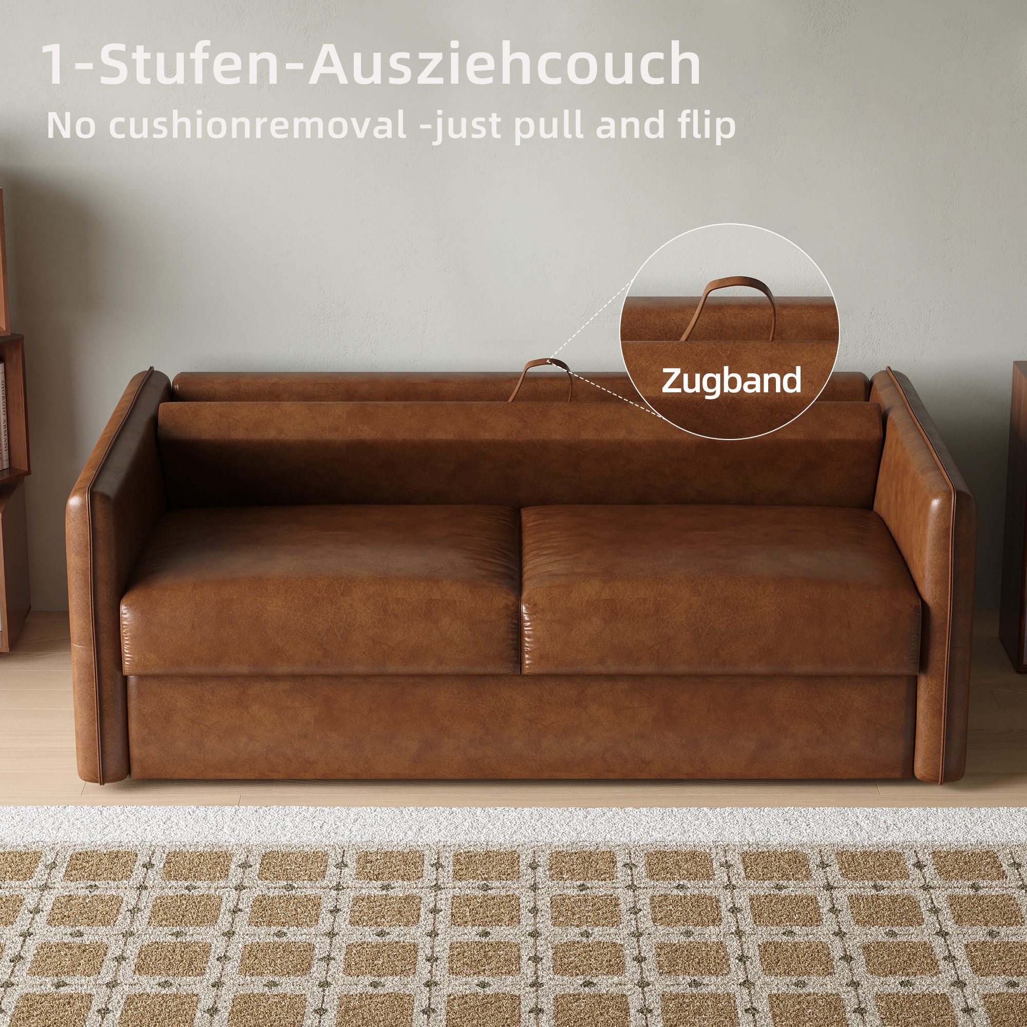 oleyluckidea Schlafsofa 3-in-1 schlafcouch ausziehbar,160cm mit Matratze,sofabett Lederoptik, Set, Zum Bett umwandelbar, braun – Bild 3 von 5