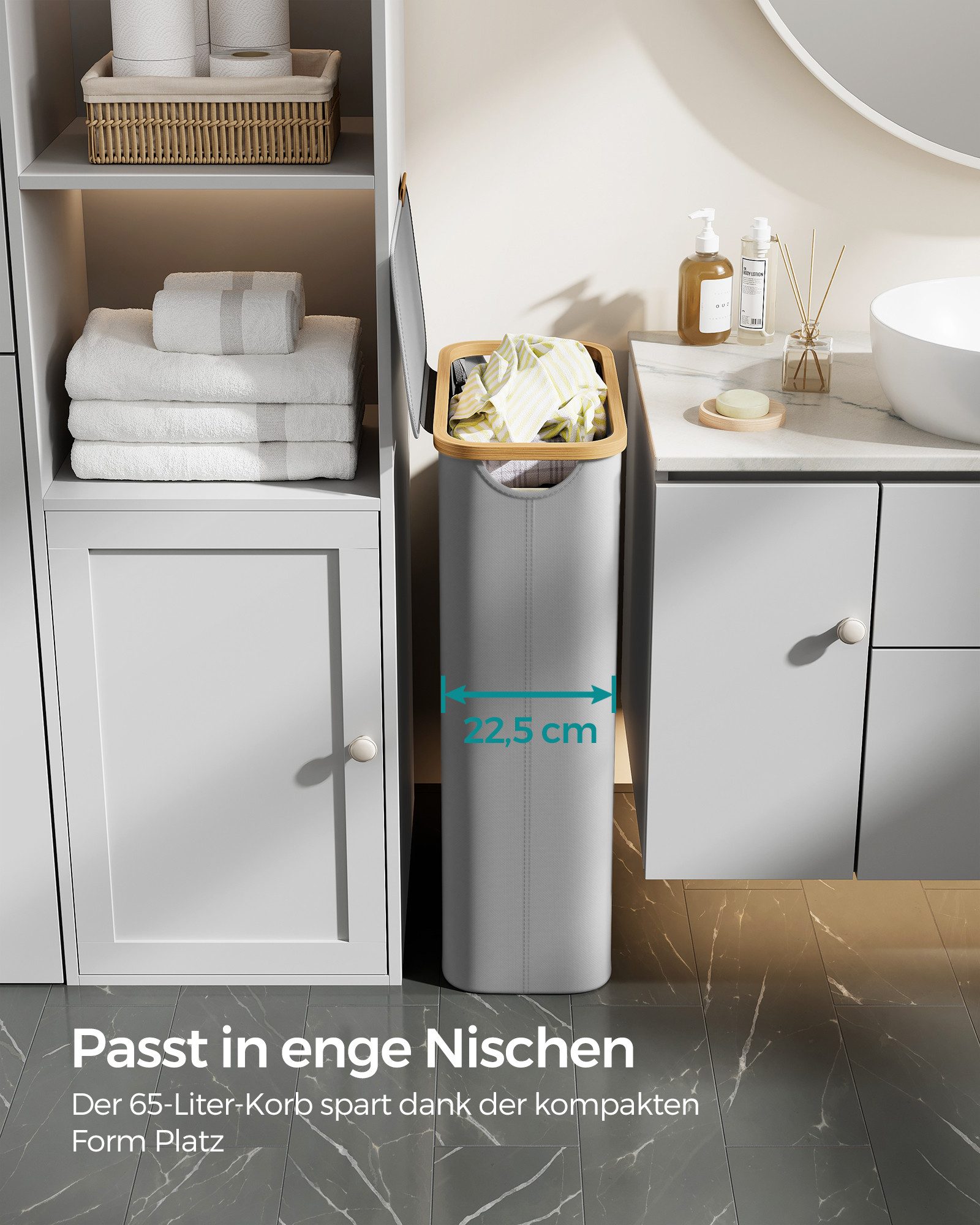 SONGMICS Wäschekorb, mit Deckel, 65 L, herausnehmbarer Wäschesack, Griffe aus Bambus