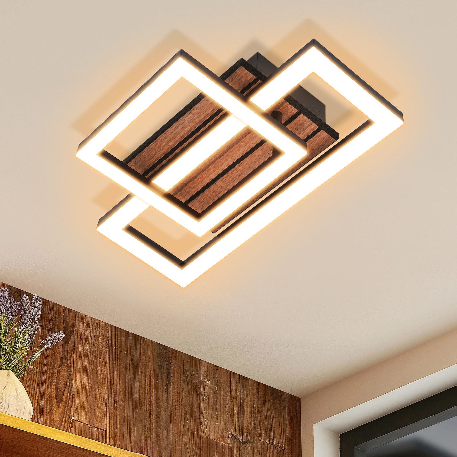 Nettlife LED Deckenleuchte Retro schwarz 14/21W eckig 3000K Warmweiß Design lampe Holz, LED fest integriert, für Küche Schlafzimmer Flur Wohnzimmer Bürolampe Zuhause