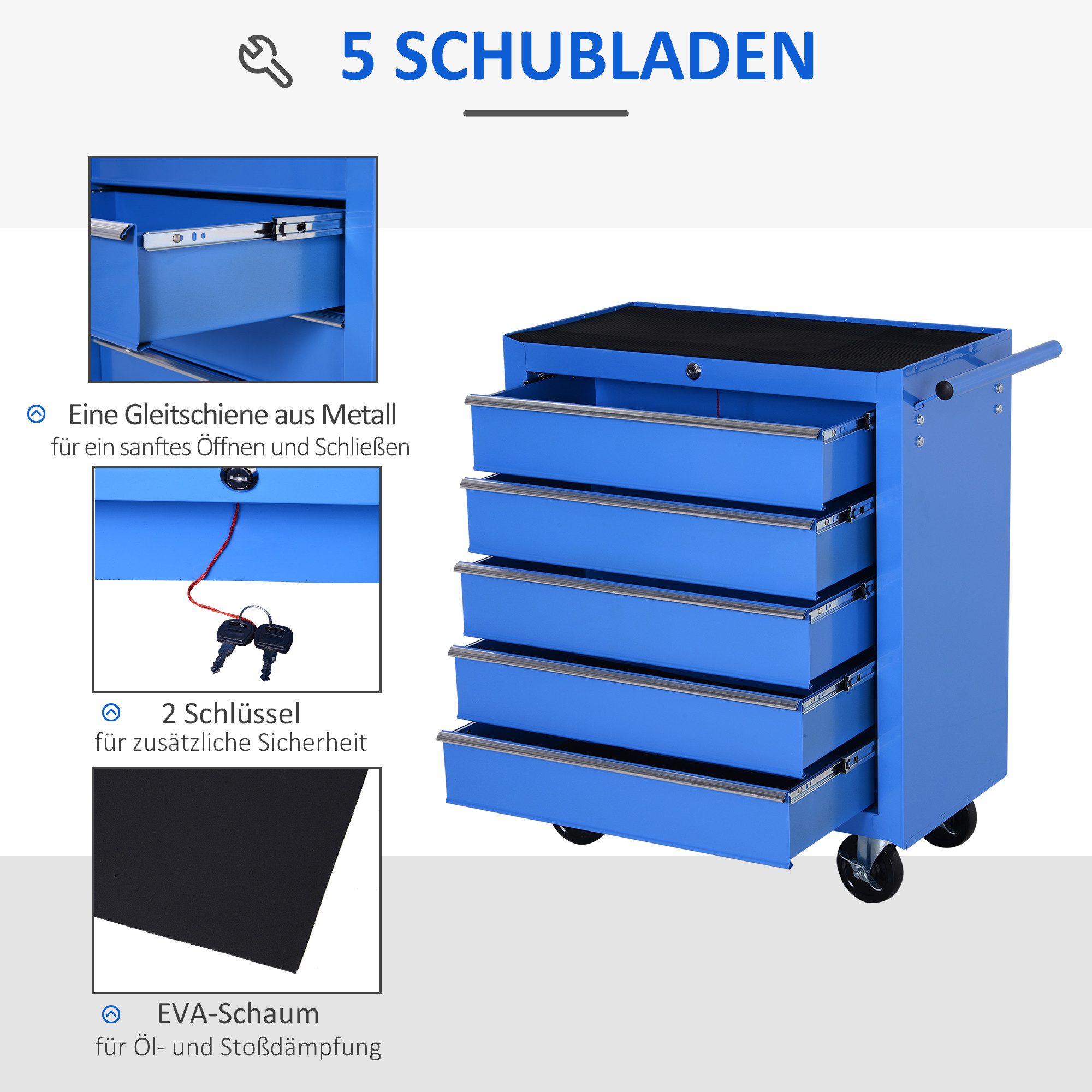 FELIXLEO Werkstattwagen Werkstattwagen 5 Schubladen rollbar Rot, (1-tlg) – Bild 4 von 5