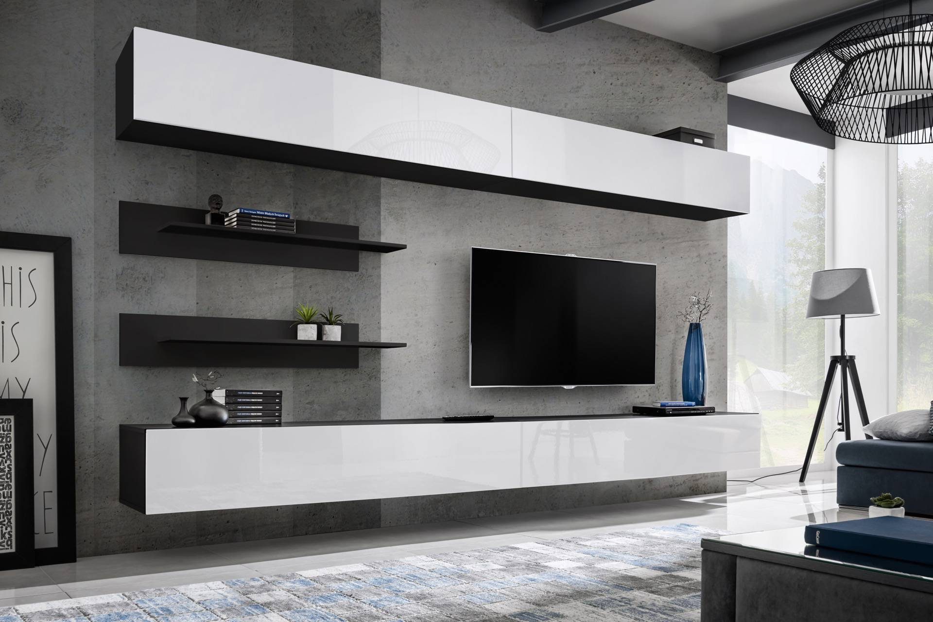 Stylefy Wohnwand Fli I1, (Wohnmöbel, aus Schwarz Set Matt Hochglanz und 2xLowboard, aus Modern, mit - 2xWandboard Holzwerkstoff 2xHängeschrank, bestehend Push-to-Open, (6-St), Weiß variabel Wohnzimmer-Set, hängbar, Hochglanzfronten