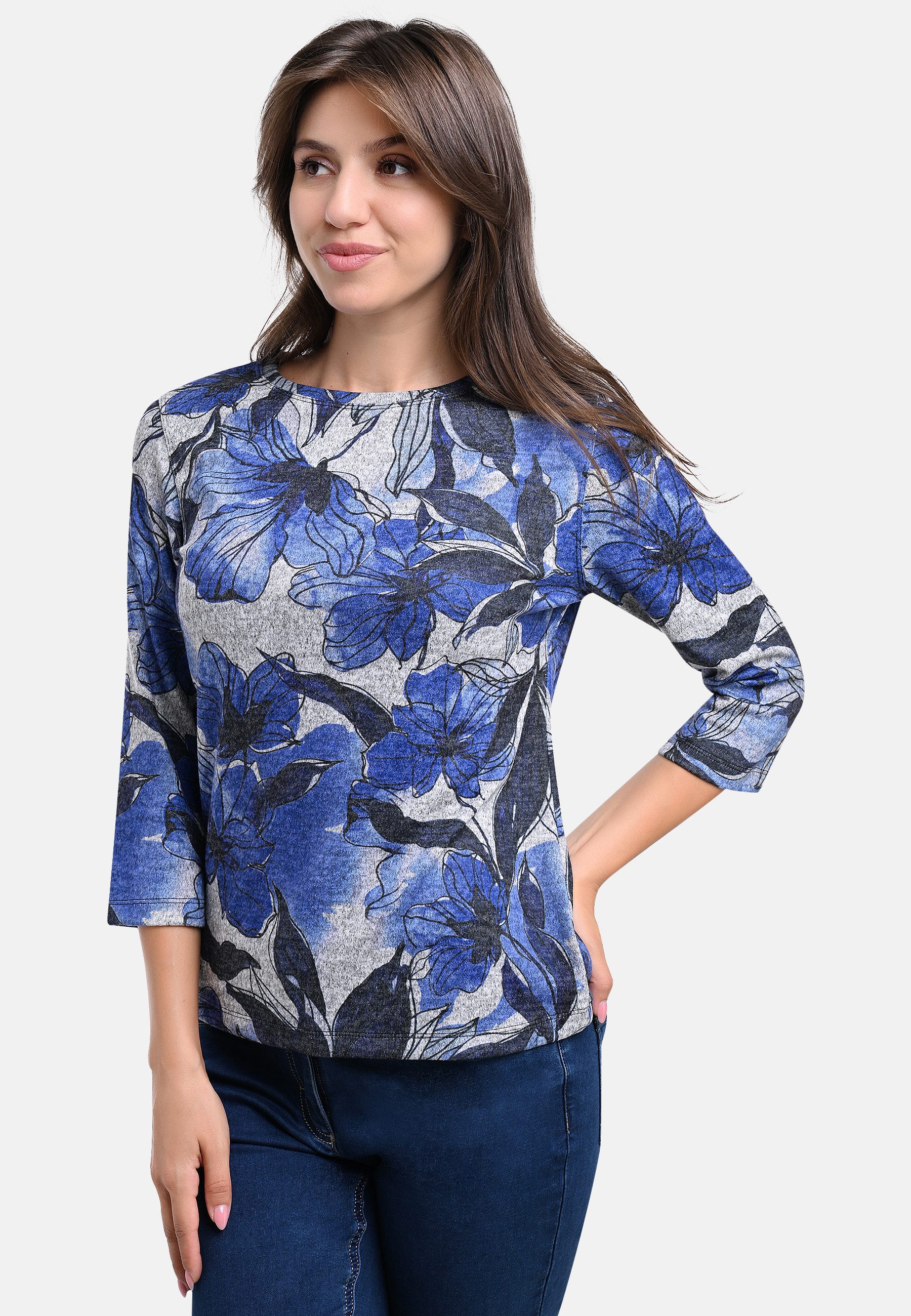 BICALLA T-Shirt Shirt mit Blumen-Print in Blau/Hellgrau (1-tlg)