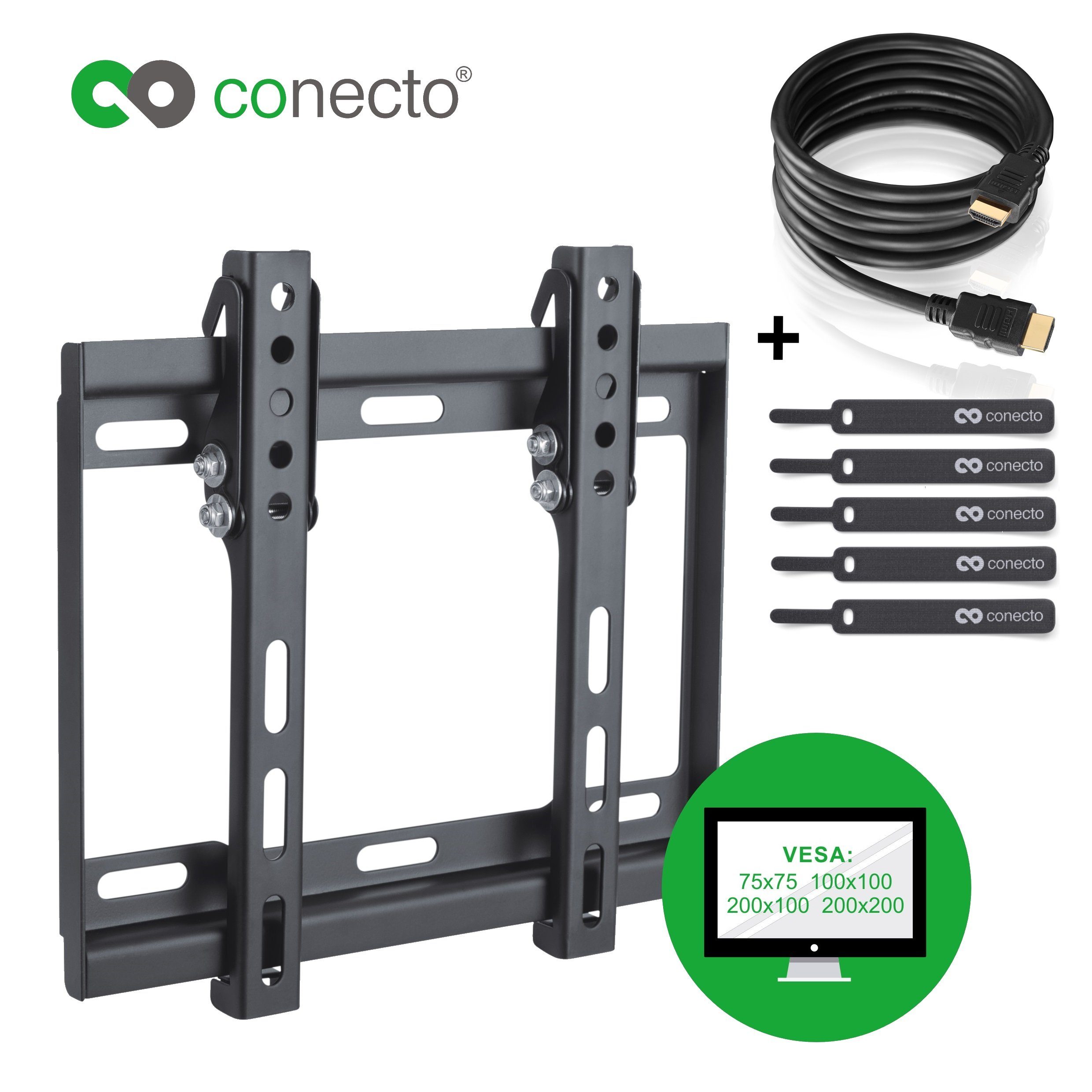 conecto TV-Wandhalterung TV Wandhalter für LCD LED Fernseher & Monitor, (bis 42 Zoll, inklusive HDMI-Kabel und Klett-Kabelbinder, neigbar)