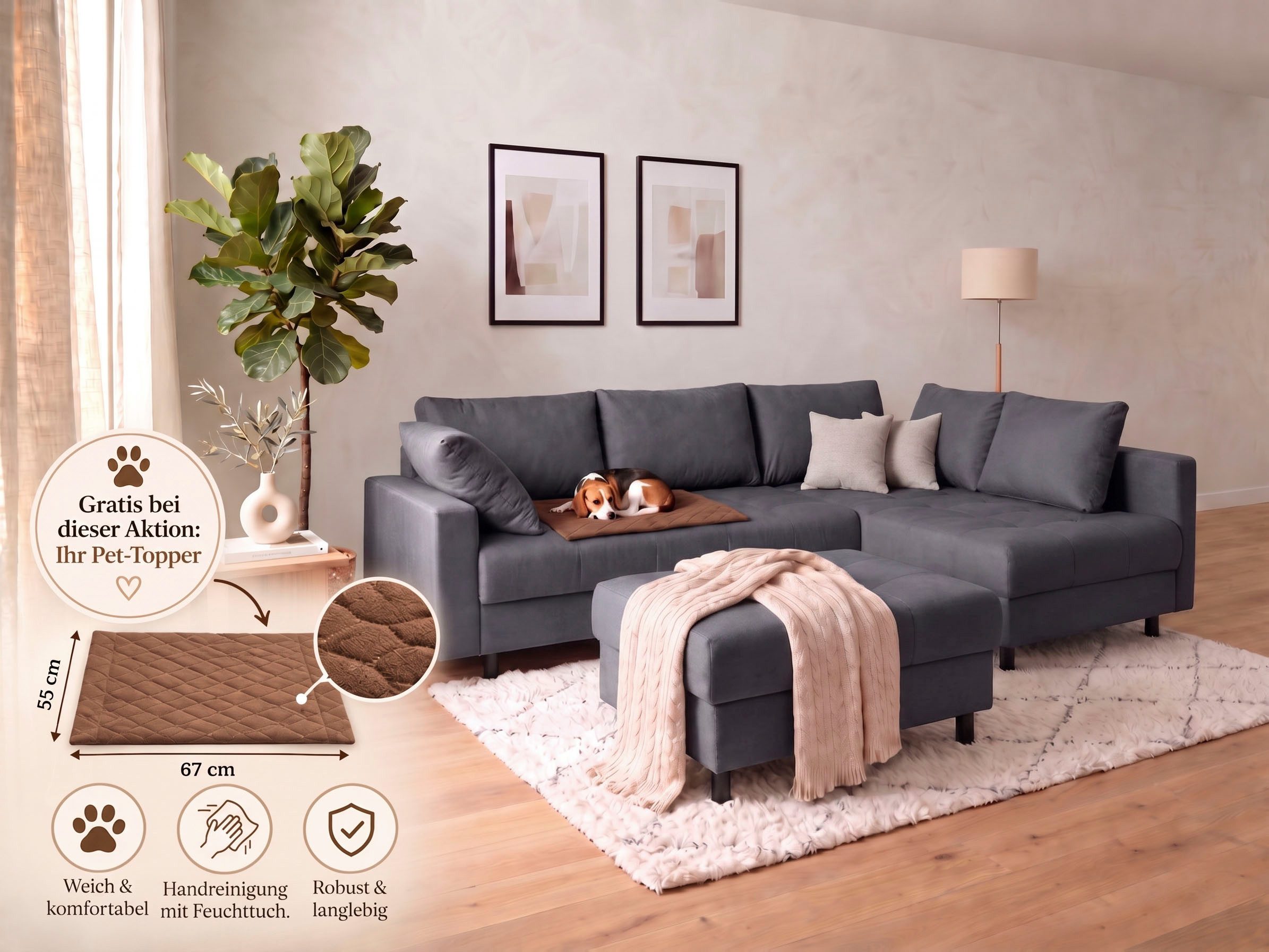 COLLECTION AB Ecksofa Toni XL L-Form B: 274 cm Set inkl. Hocker, AKTION mit Pet Topper, Set: Sofa & Hocker, 2 Zierkissen, Bonell-Federkern
